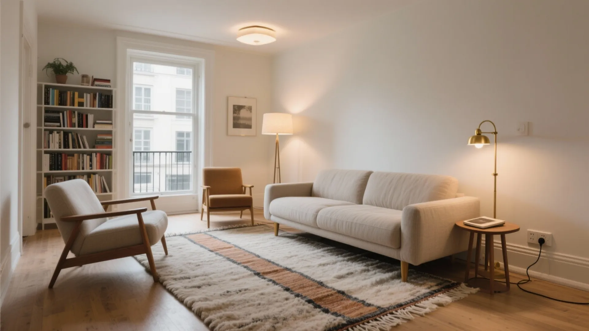 Idea 1: Zone with rugs and lighting (not walls)