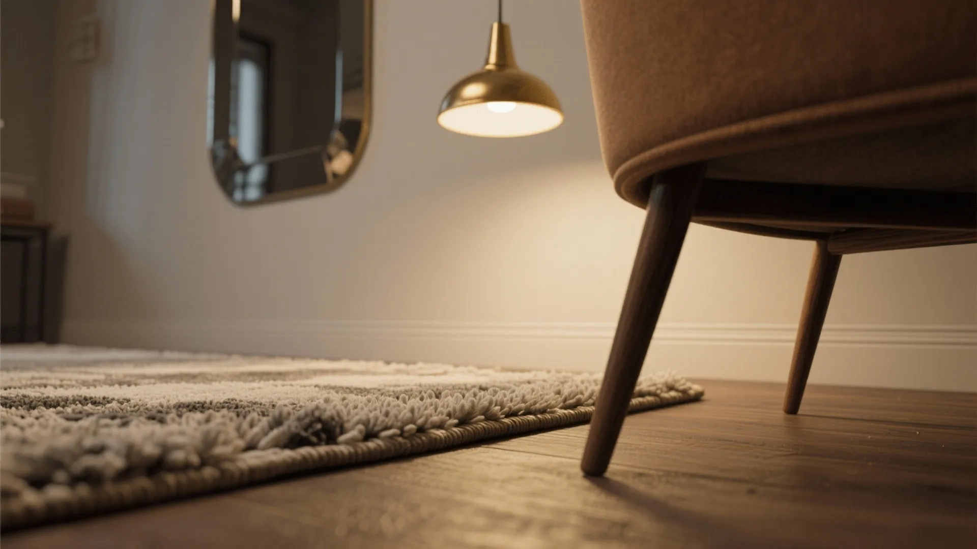 Low angle view of cozy rug wooden floor golden ceiling light and legs of soft sofa