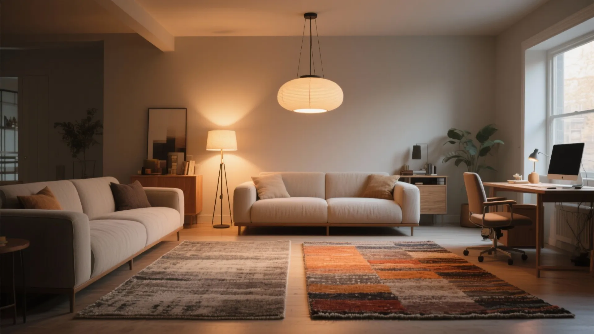 4. Soften the divide with rugs and layered lighting