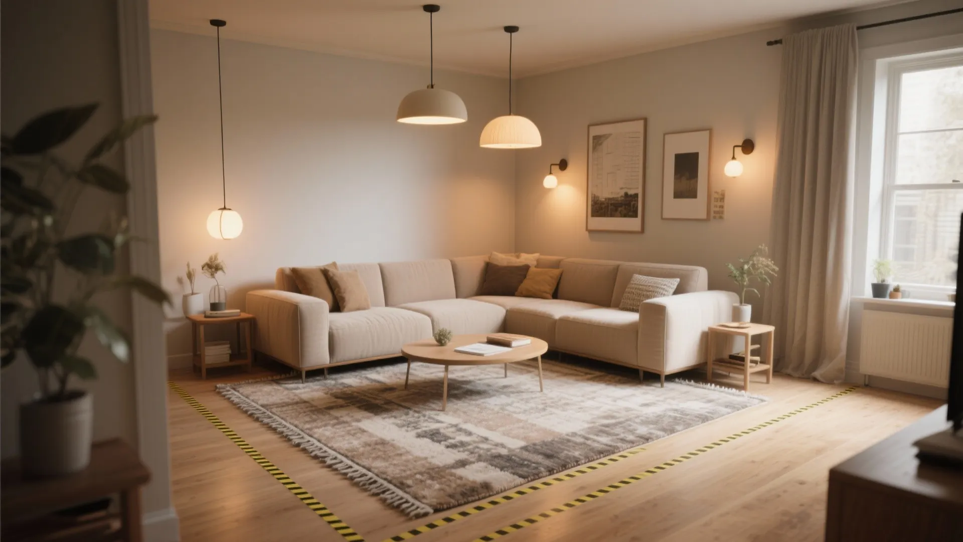 Warm living room with beige sofa round coffee table hanging ceiling lights and wall lights