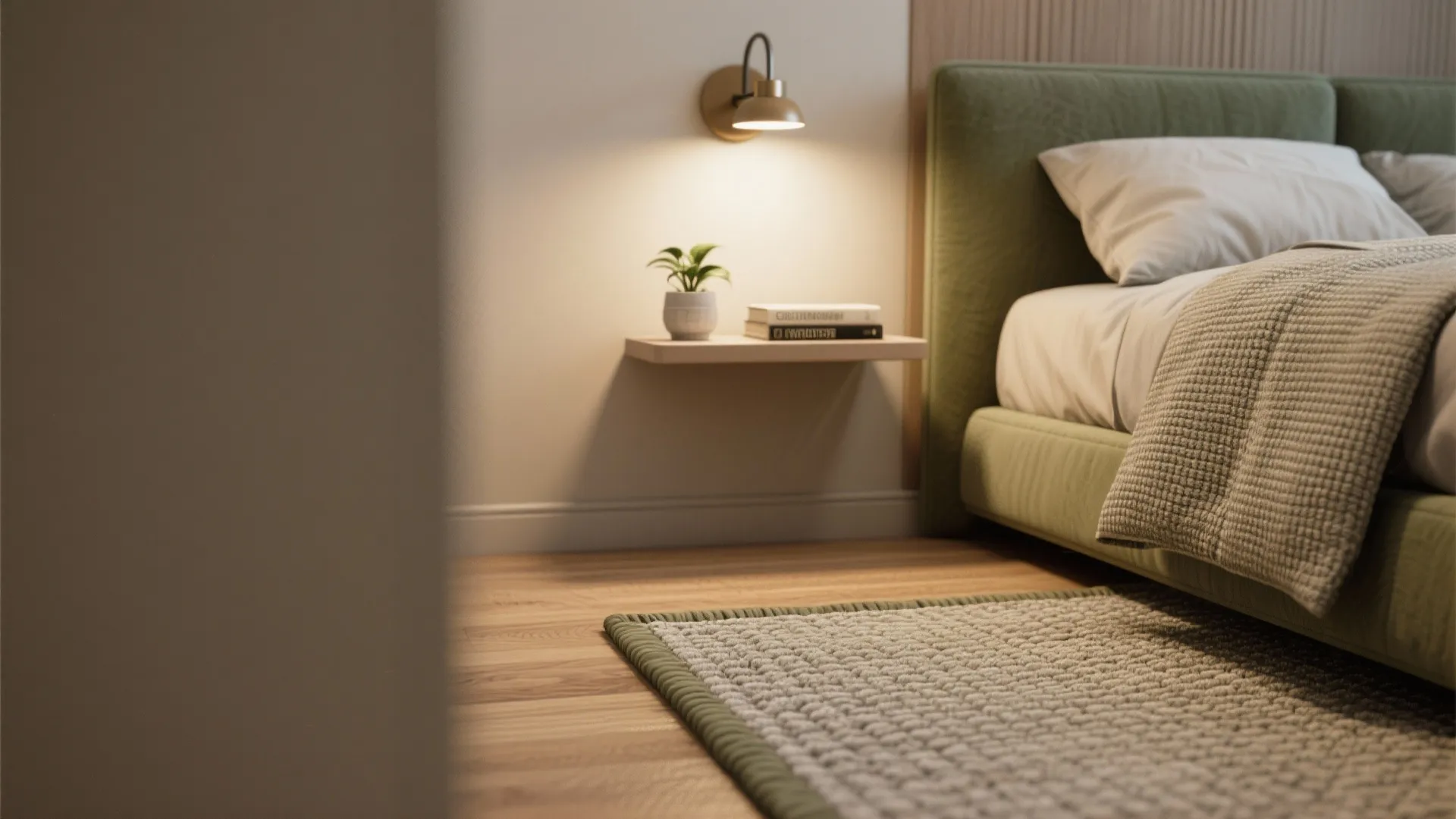 Close-up of a rug texture, wall sconce, and floating shelf illustrating zoning in a small bedroom.