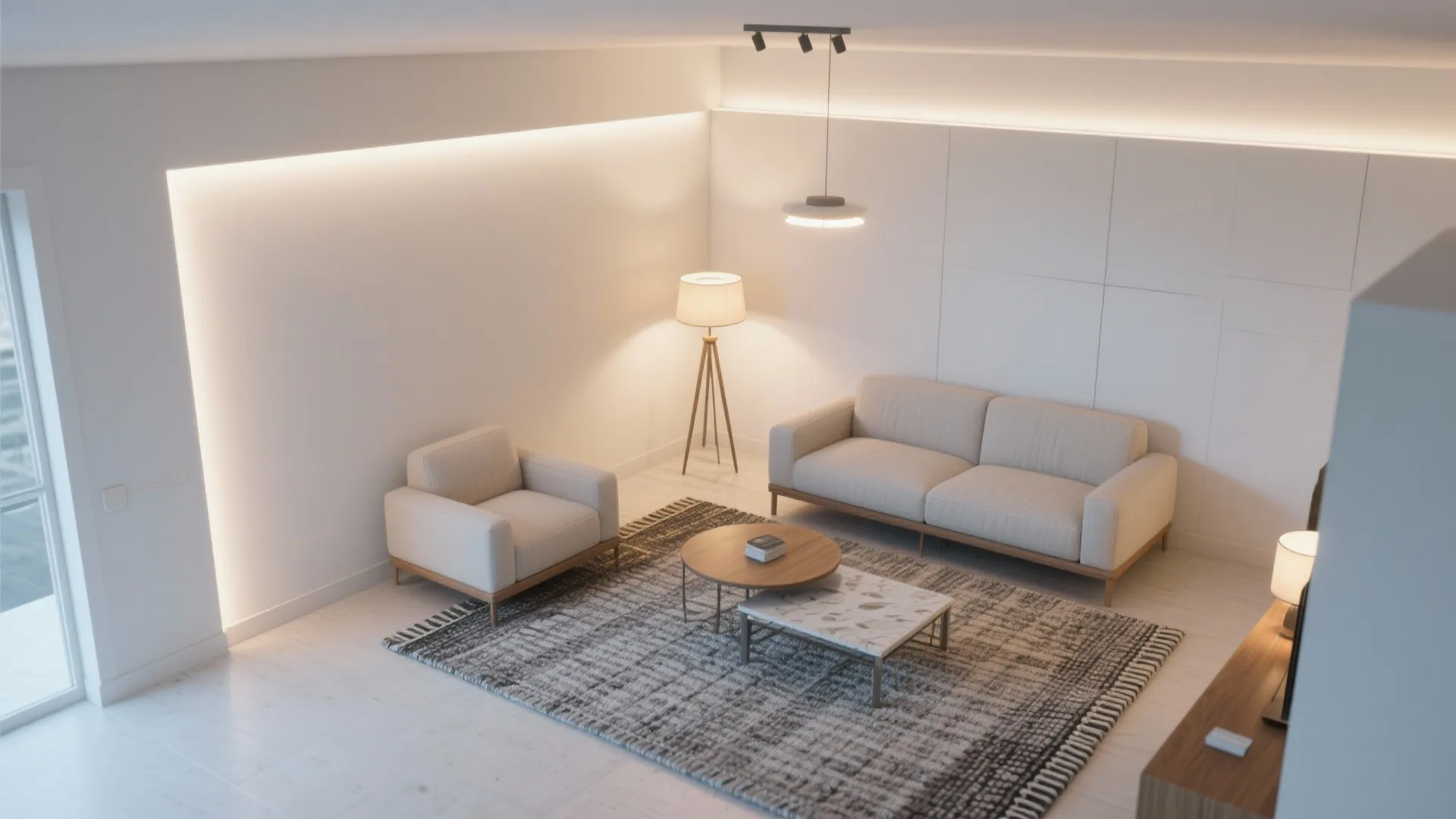 Zoning with rugs and layered lighting