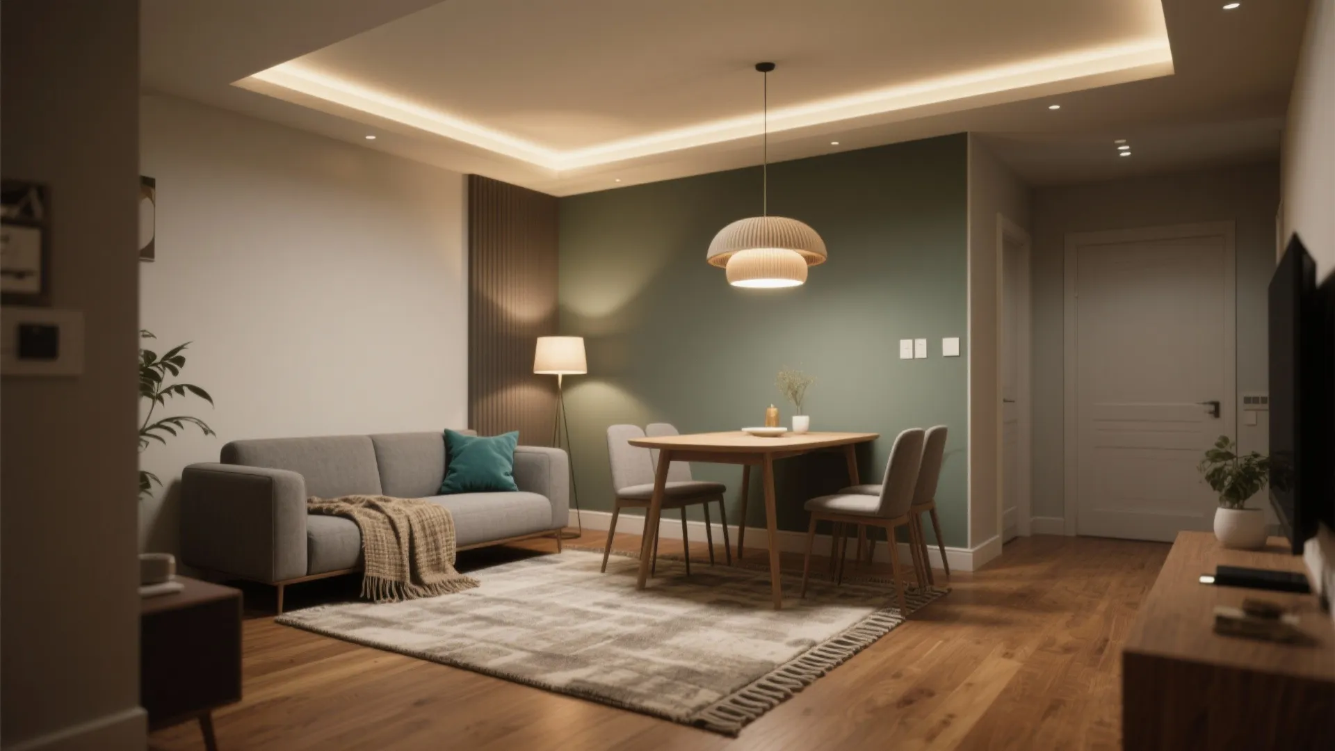 1. Define zones with rugs and layered lighting