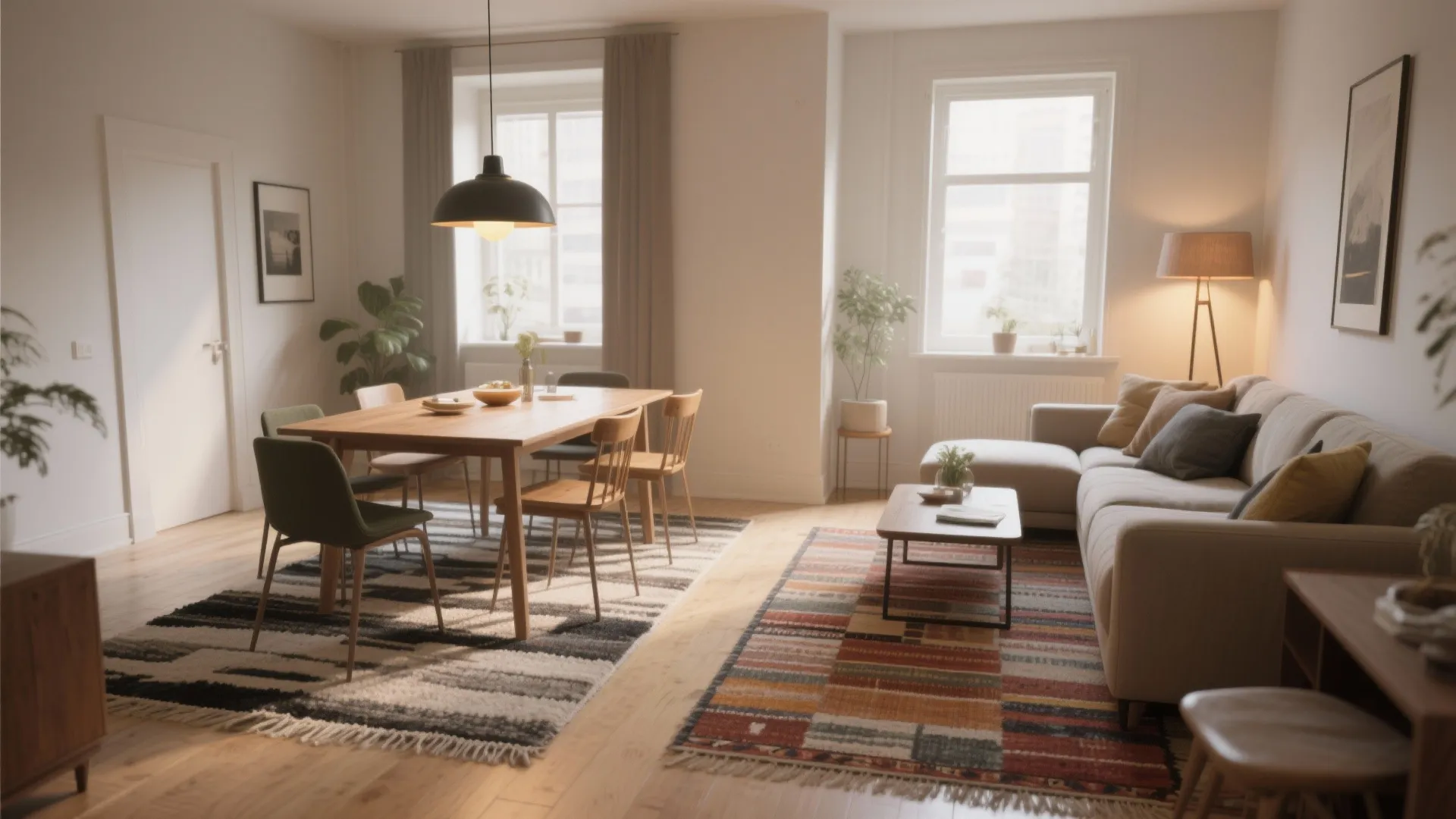 2. Layer rugs + lighting to define zones