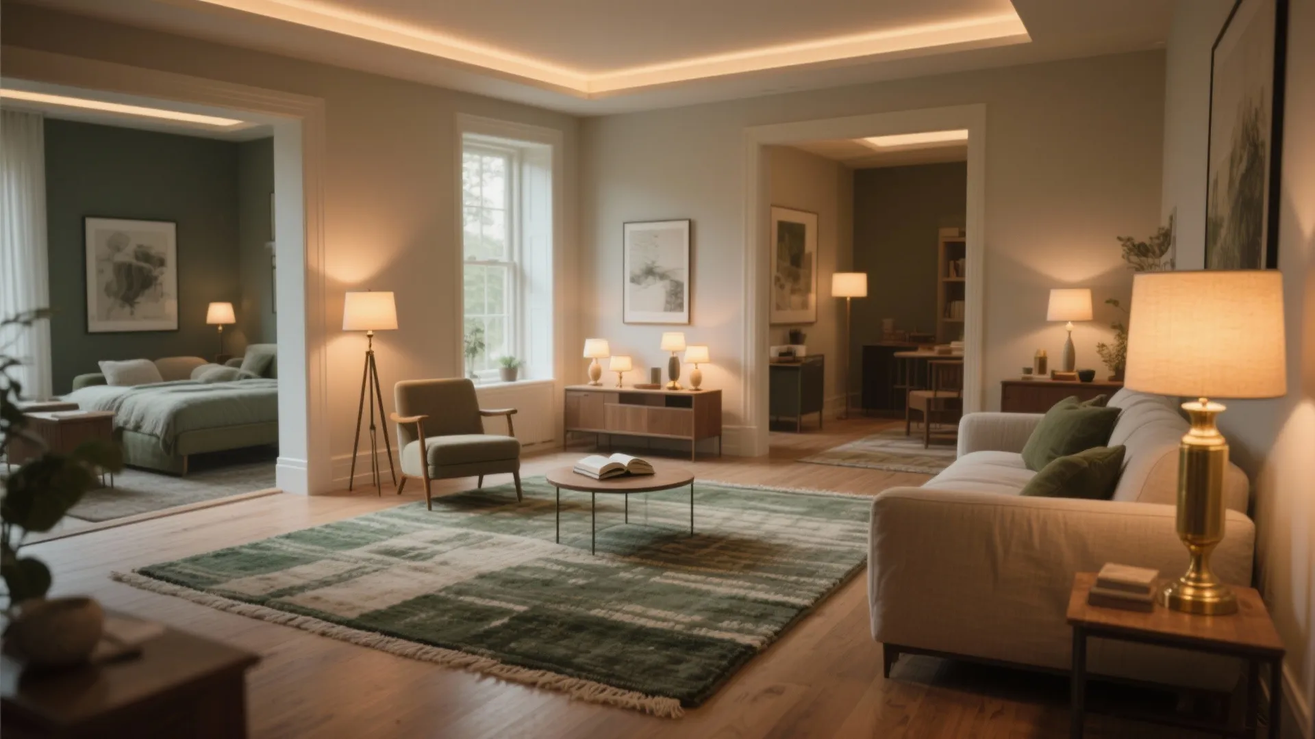 1. Zone with Rugs and Layered Lighting