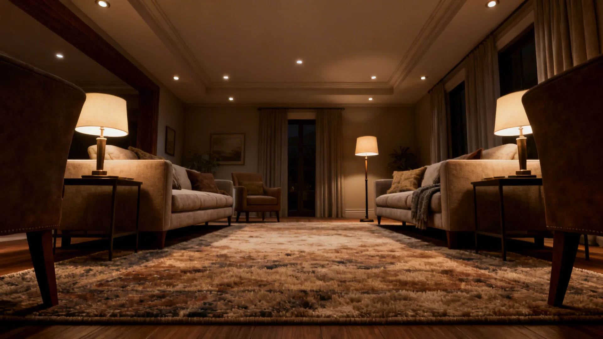 Oversized rug and layered lighting creating a cozy zone in a double-wide living room