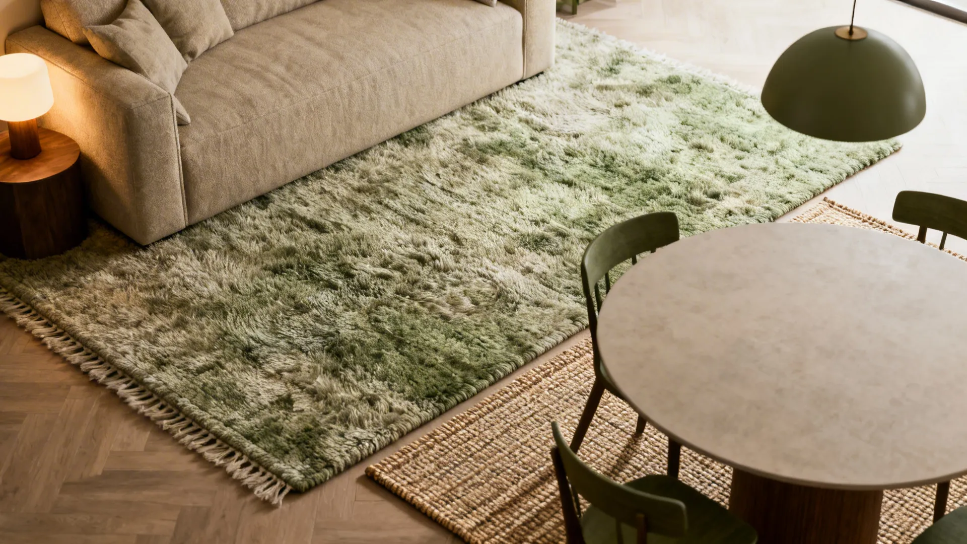 Green textured rug under a sofa next to a round table on a woven rug