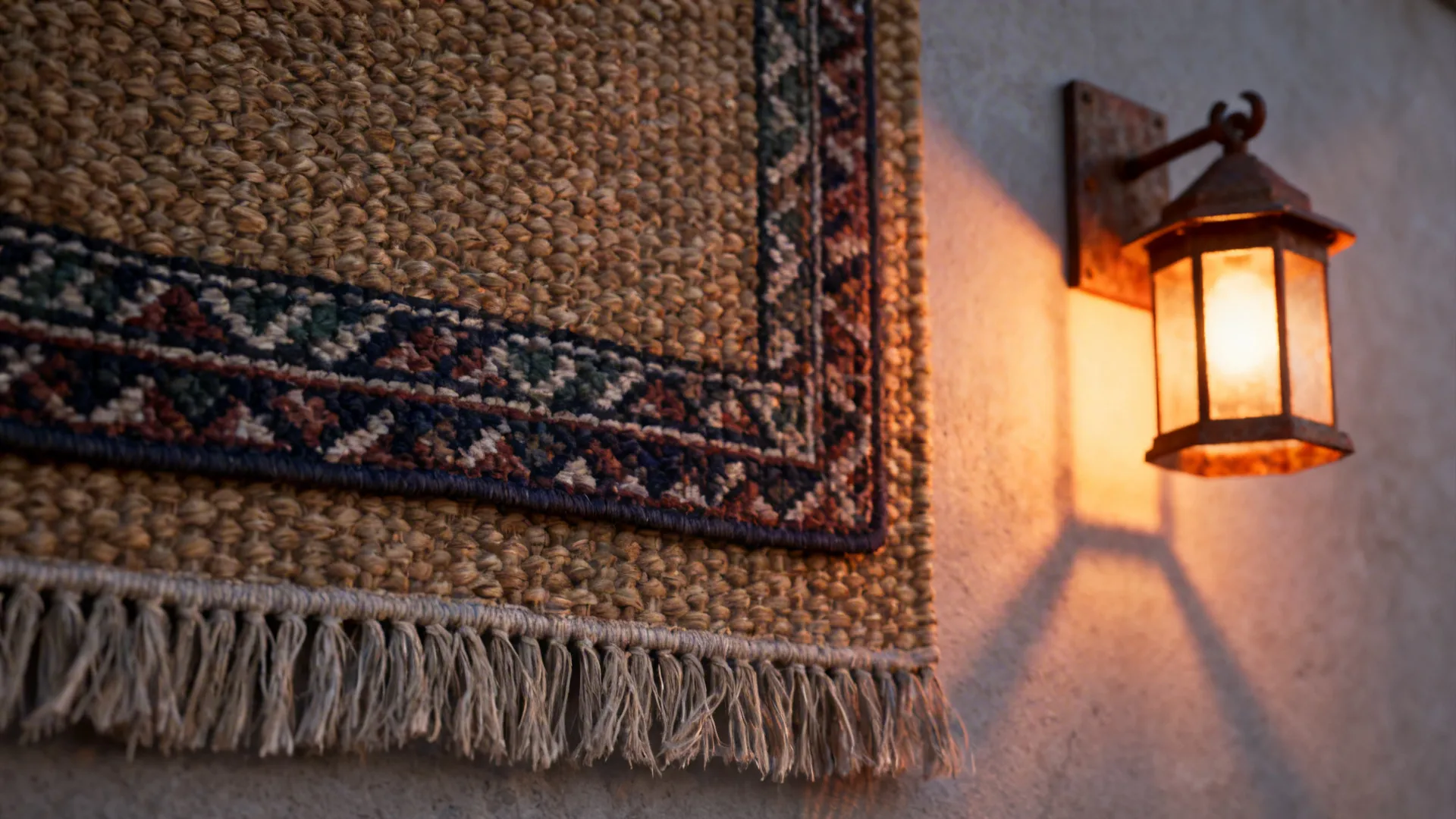 Layered outdoor rugs and a warm wall sconce casting ambient light on a small porch