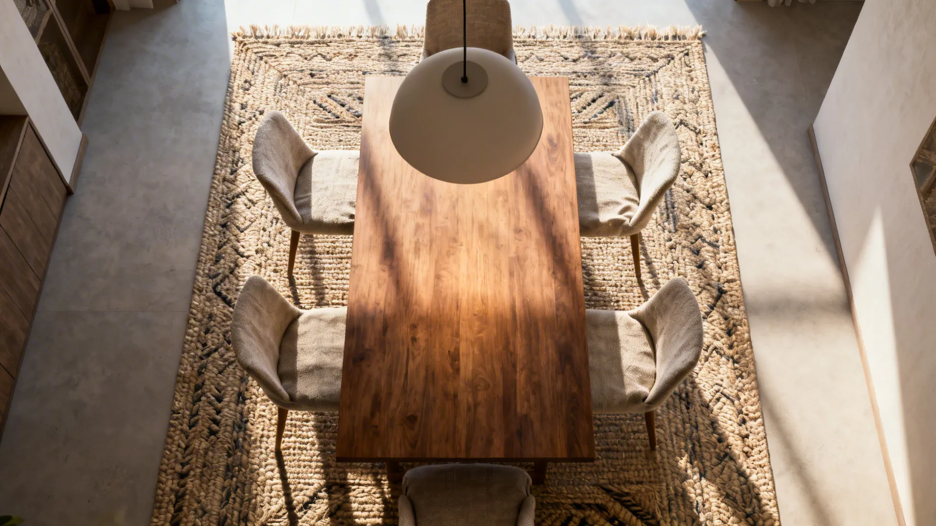 Dining table on a rectangular rug with a pendant light defining the zone and clear circulation space