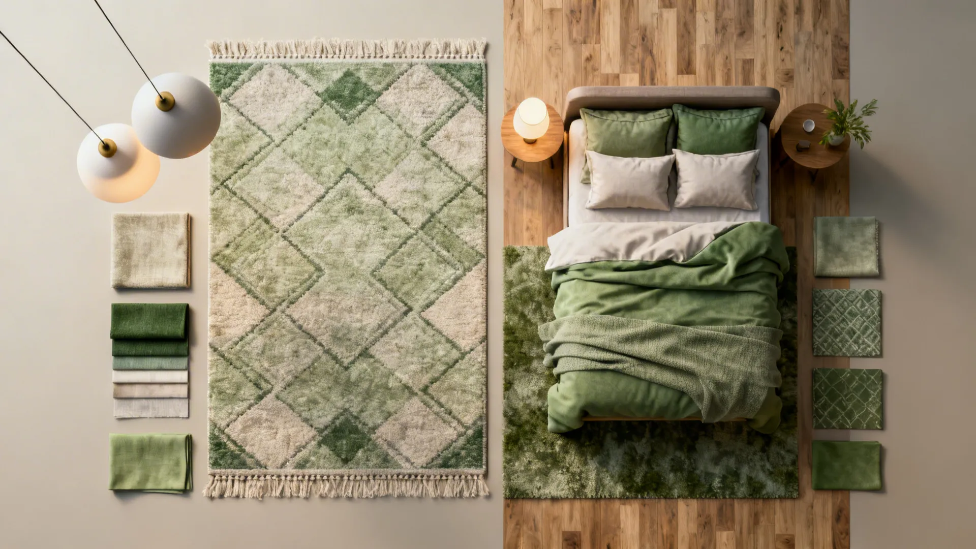 Rug and lighting swatches laid out to define separate sleeping zones in a shared bedroom.