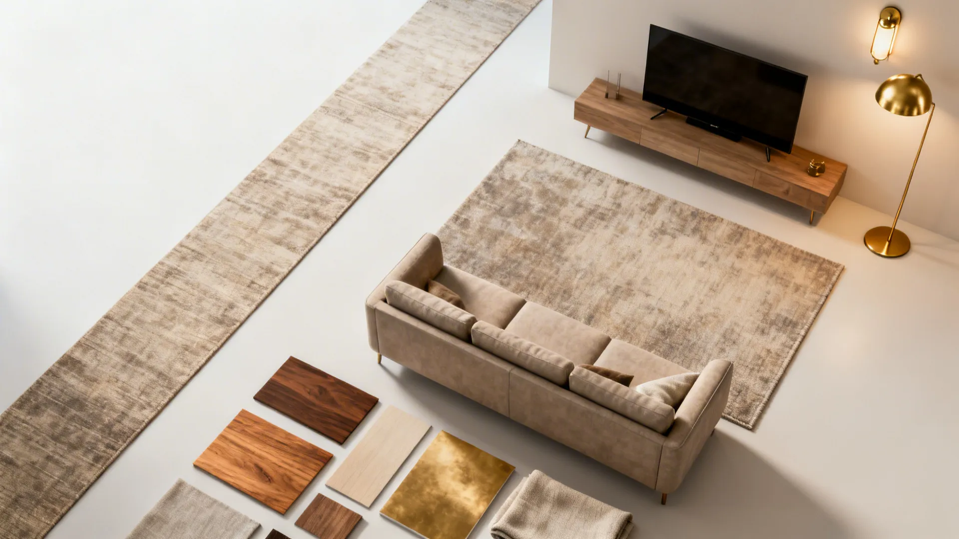 Top-down flatlay of runner rug, area rug, floor lamp and wall sconce samples for zoning a TV area