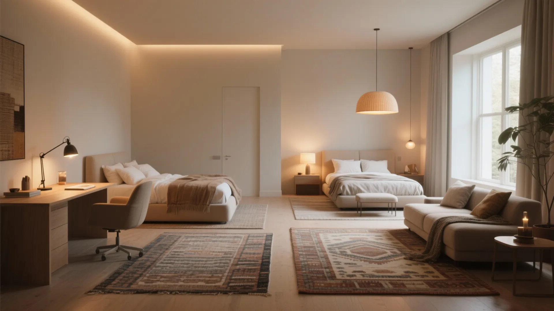 Two coordinating rugs and layered lighting creating defined zones in a one-bedroom apartment