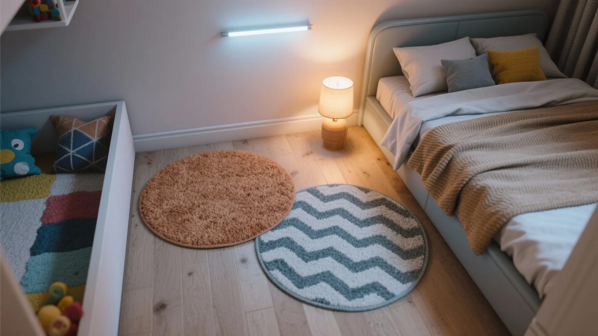 Bedroom floor with two round rugs next to a bed and a small table light fixture