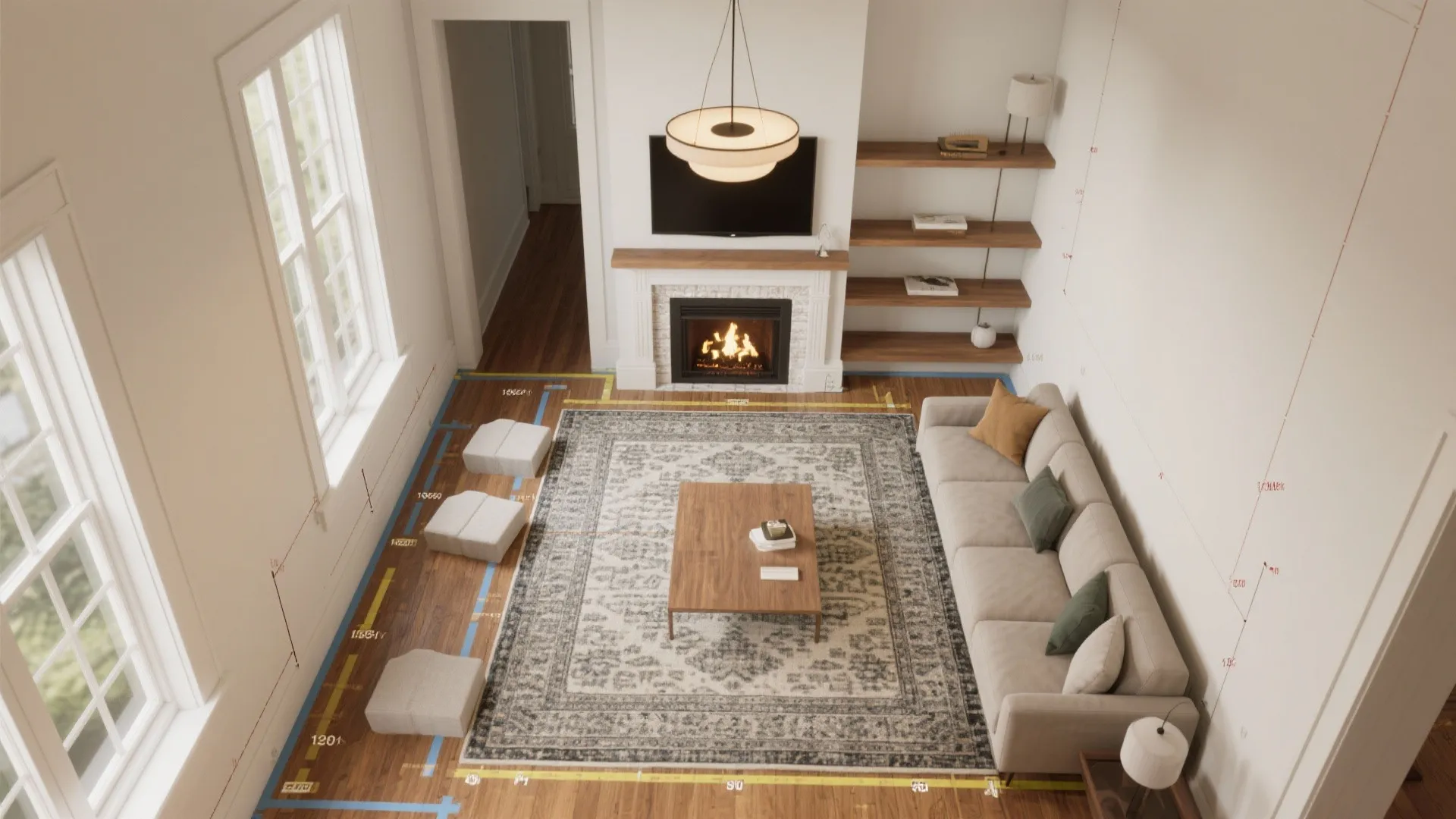 3. Zone the room with rugs and lighting (and a layout study)