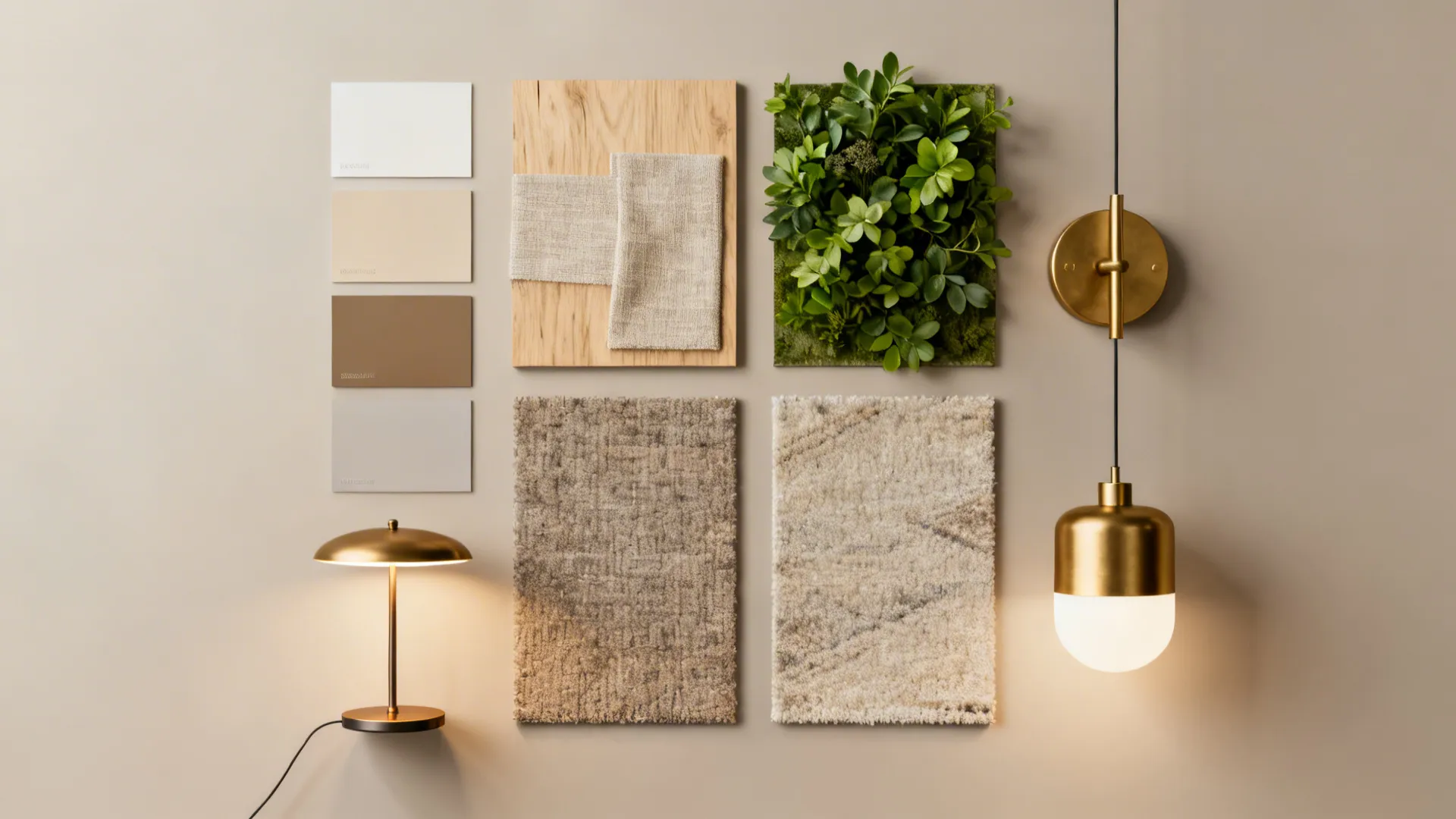 Flatlay of rug, lighting and material samples for redefining proportions in a narrow living room.