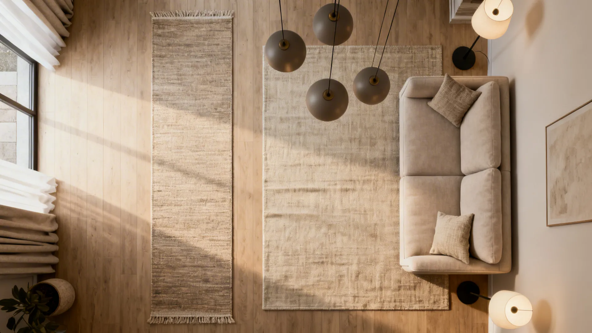 Top view of living room with wooden floor two rugs beige sofa and ceiling lights