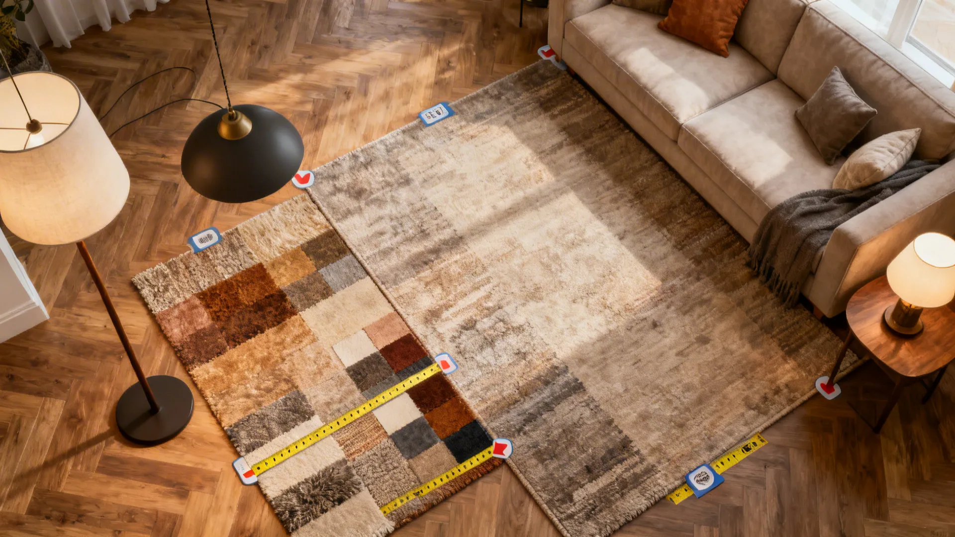Top-down view of layered rugs and lighting elements in an L-shaped living room showing placement and color ties.