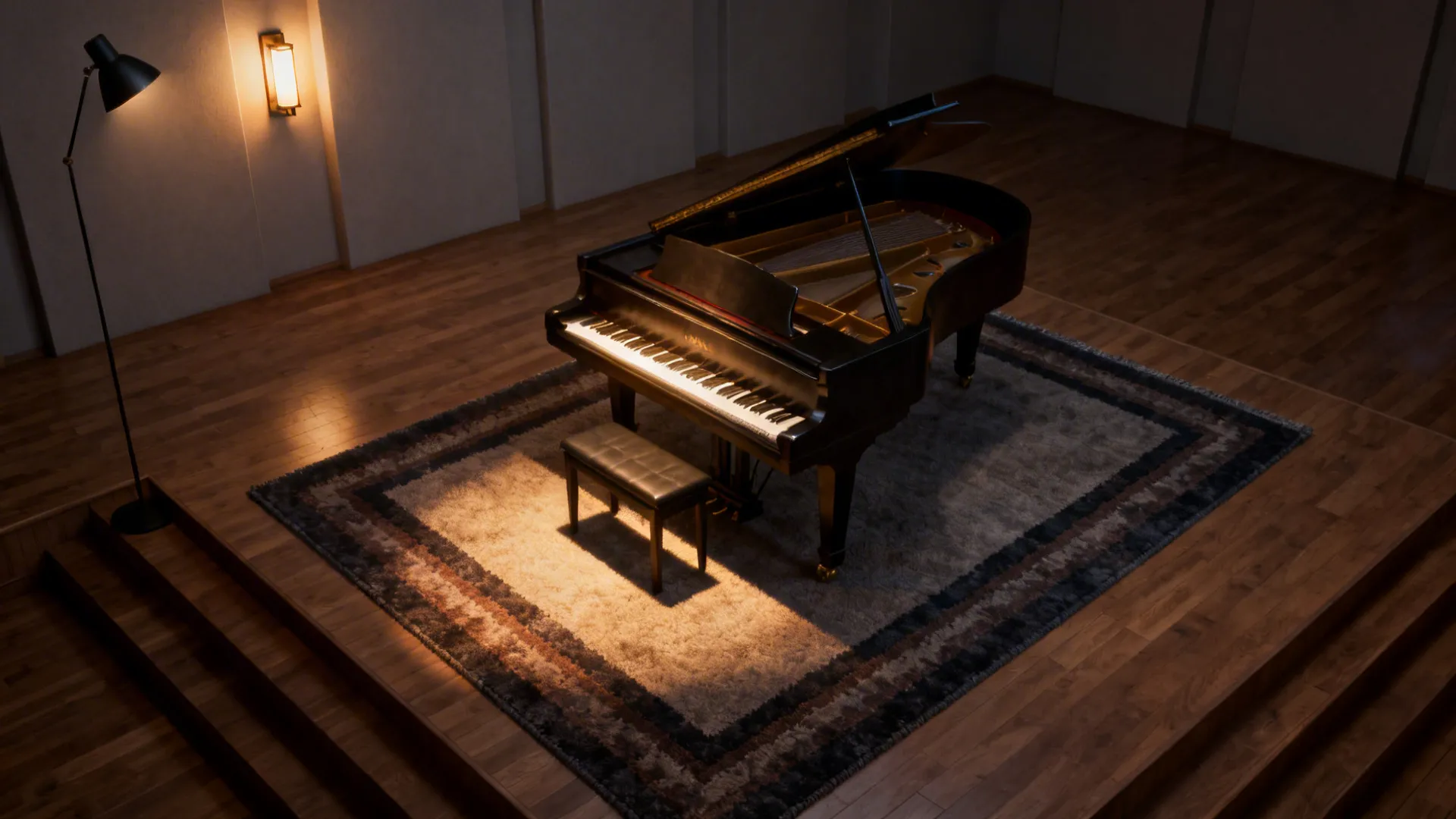 Layered rugs and a spotlight define a stage-like area around a baby grand piano