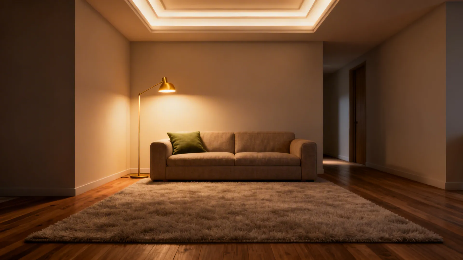 Small living room showing oversized rug and directional floor lamp creating zones