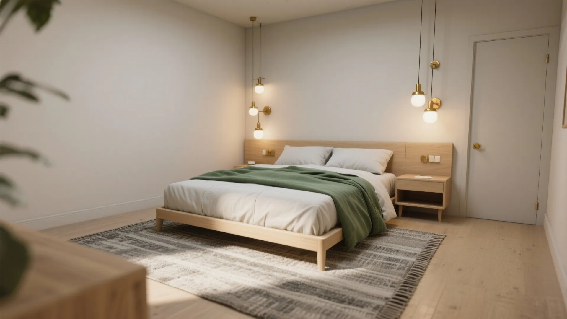 Modern bedroom with wooden bed, green blanket, gray rug, white walls, warm golden wall lights
