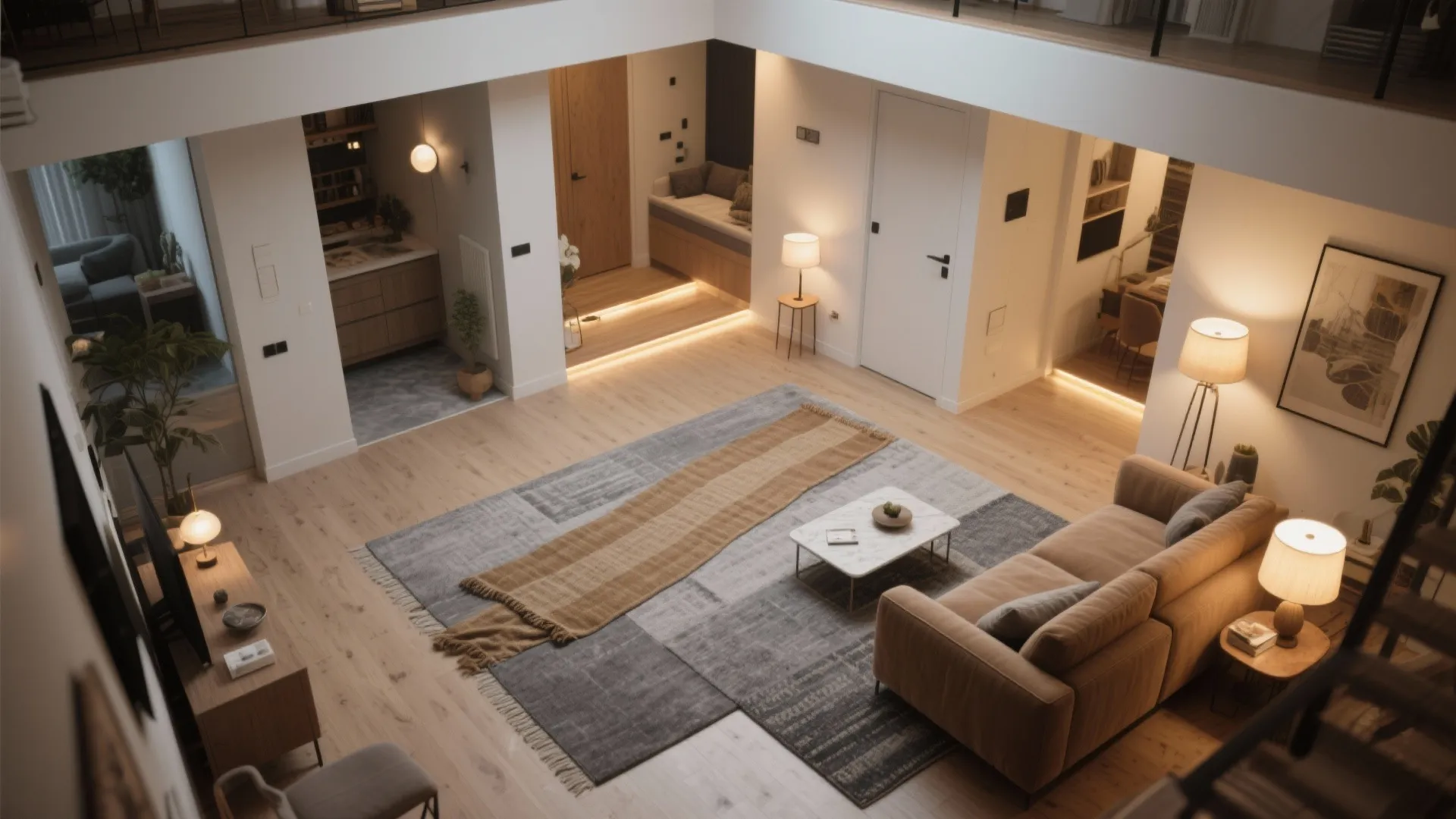 Top-down view showing layered rugs and lighting defining zones in a small gray and camel living room.