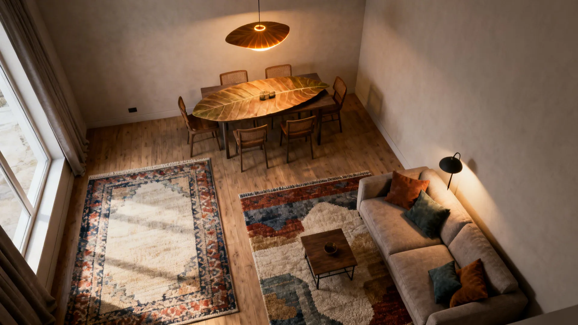 Layered rugs and grouped lighting define living and dining zones in a small room