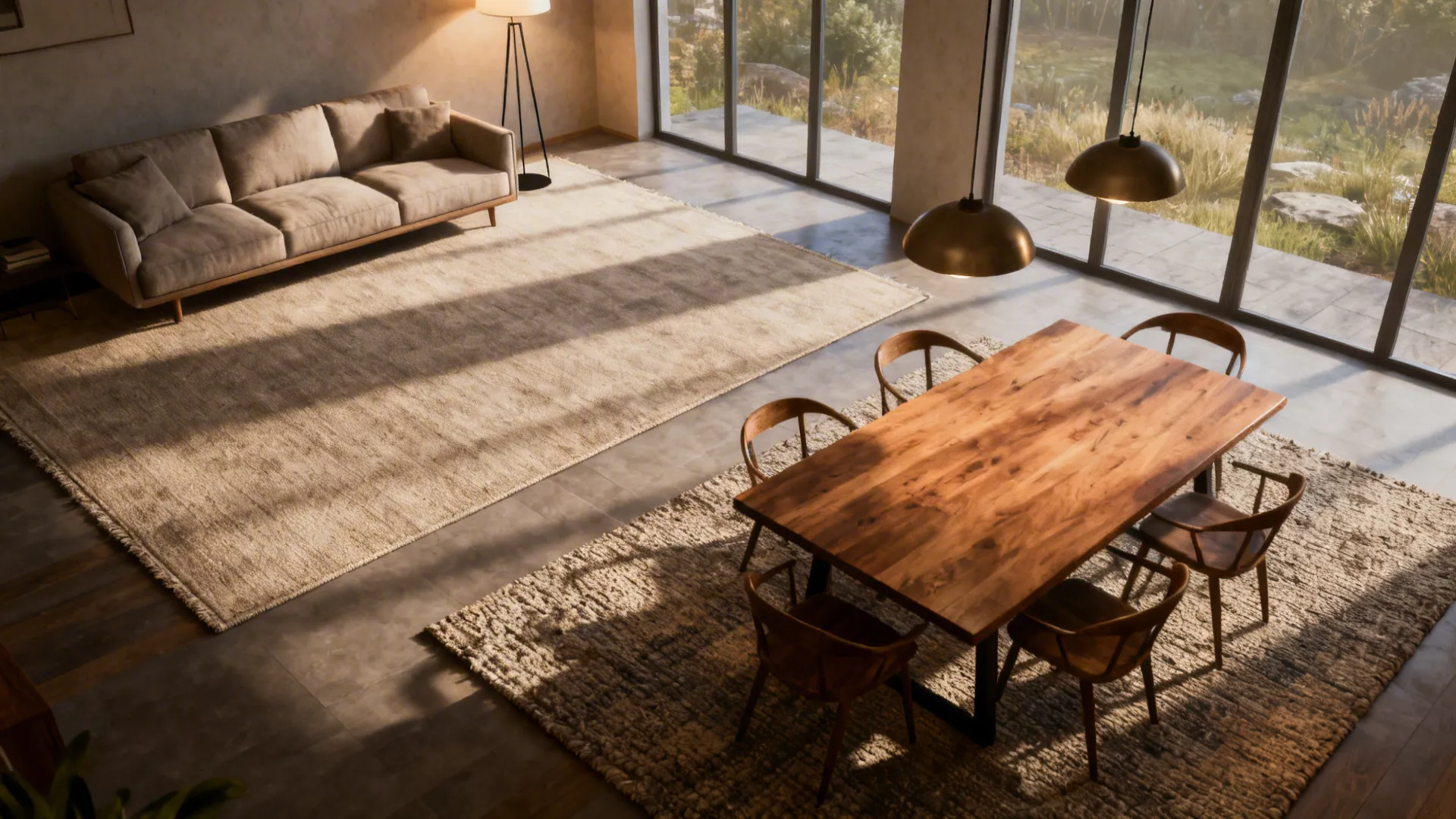 1. Define zones with rugs and lighting