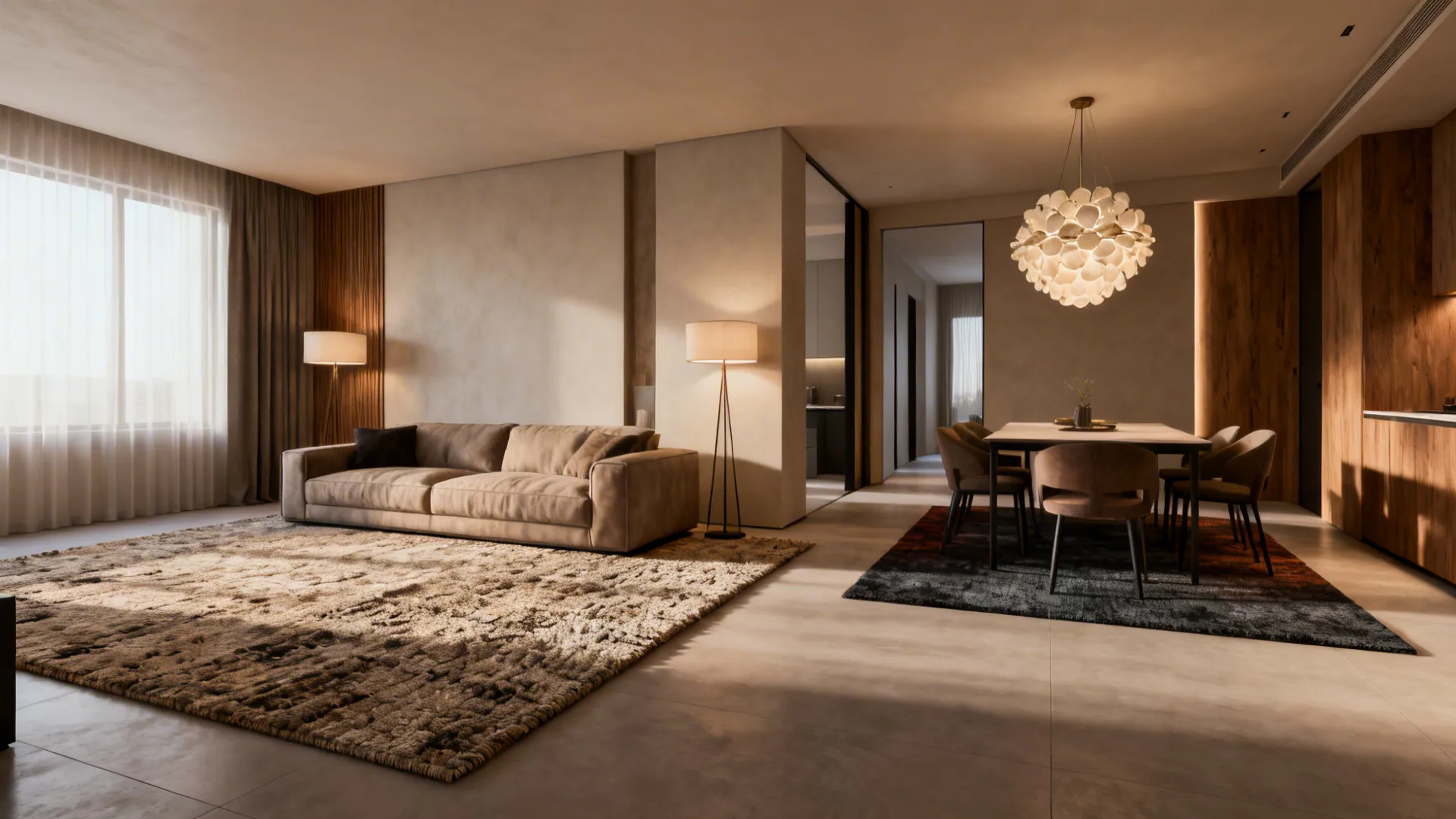 Living and dining zones separated by rugs and layered lighting in an open-plan room