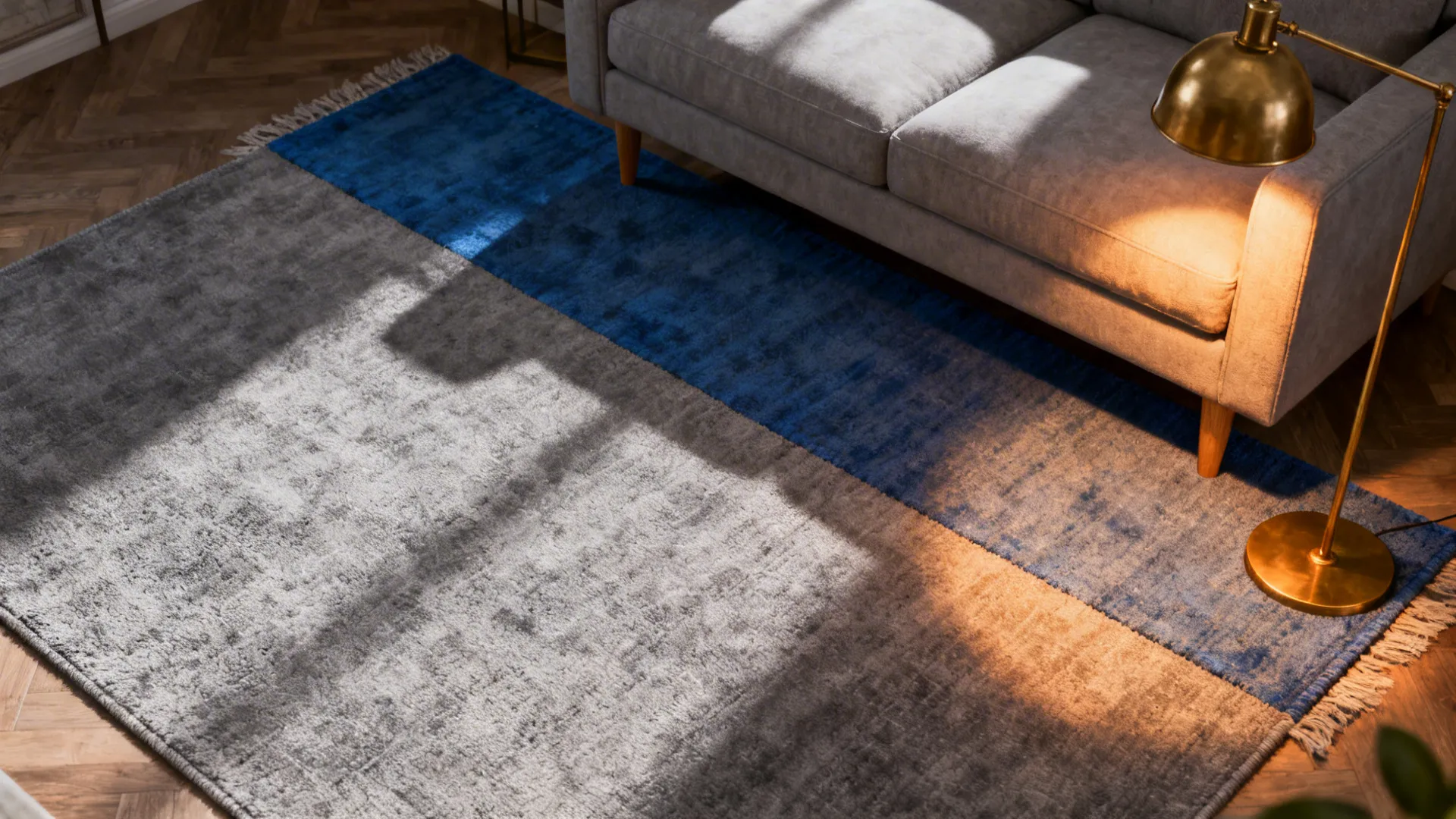 Layered gray and blue rugs and warm lamps defining seating zones in a small living room