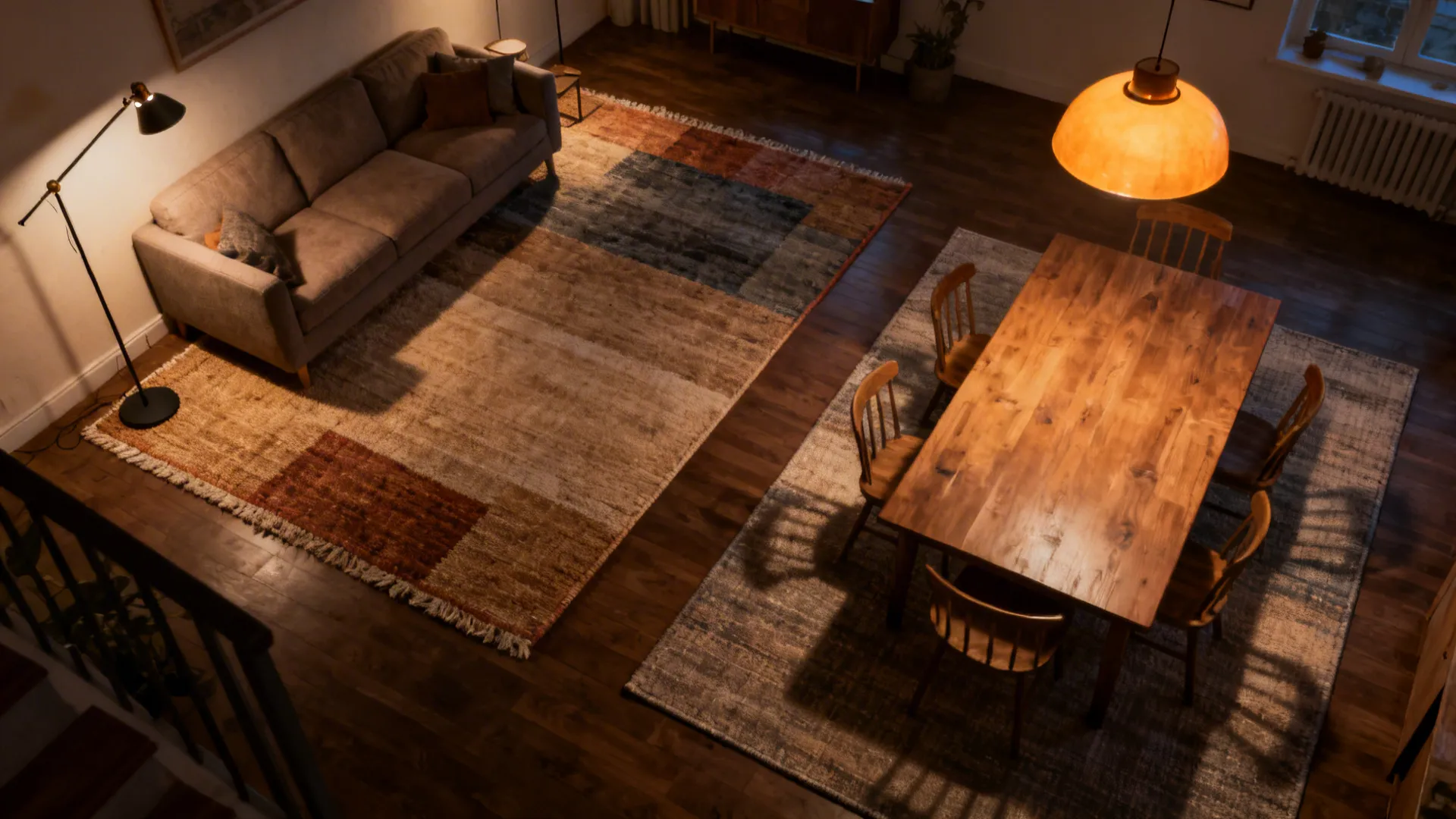 Two area rugs and layered lighting create distinct living and dining atmospheres in an open-plan space.