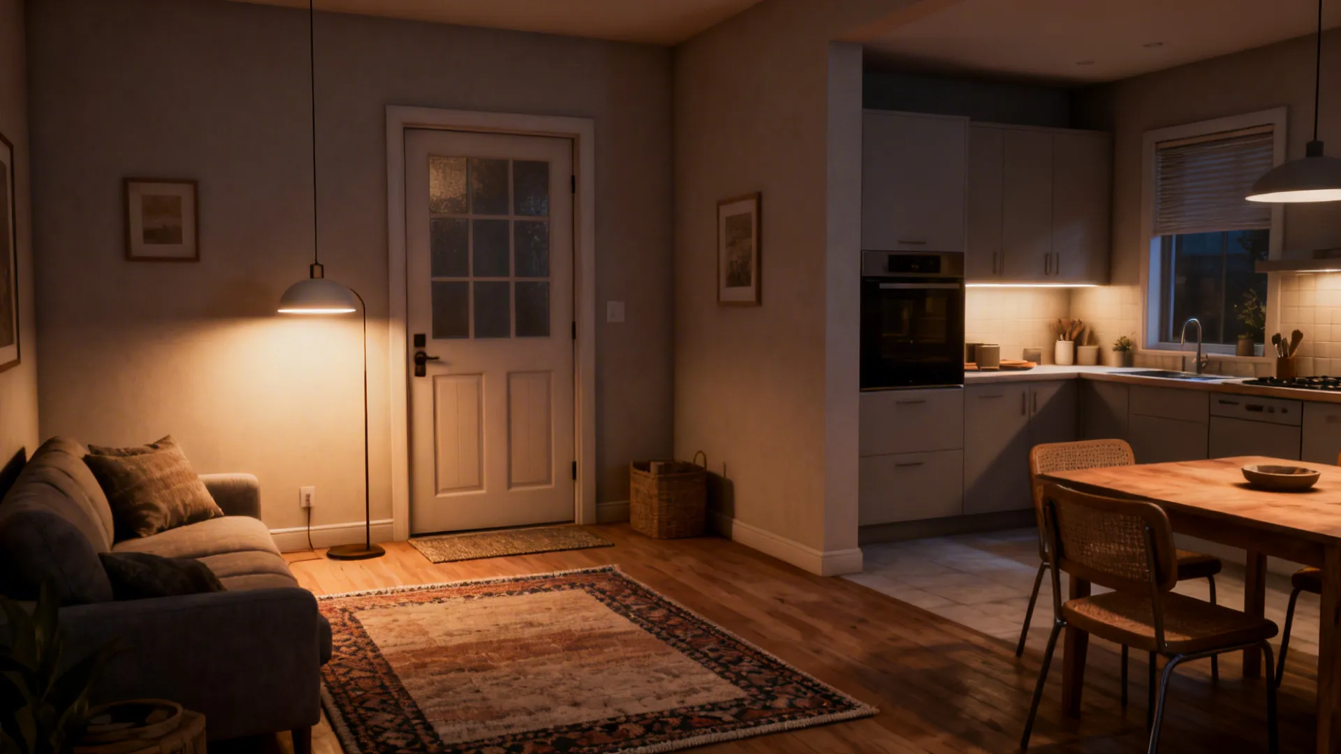 Rugs and layered lighting defining a living zone by the front door in a compact home.