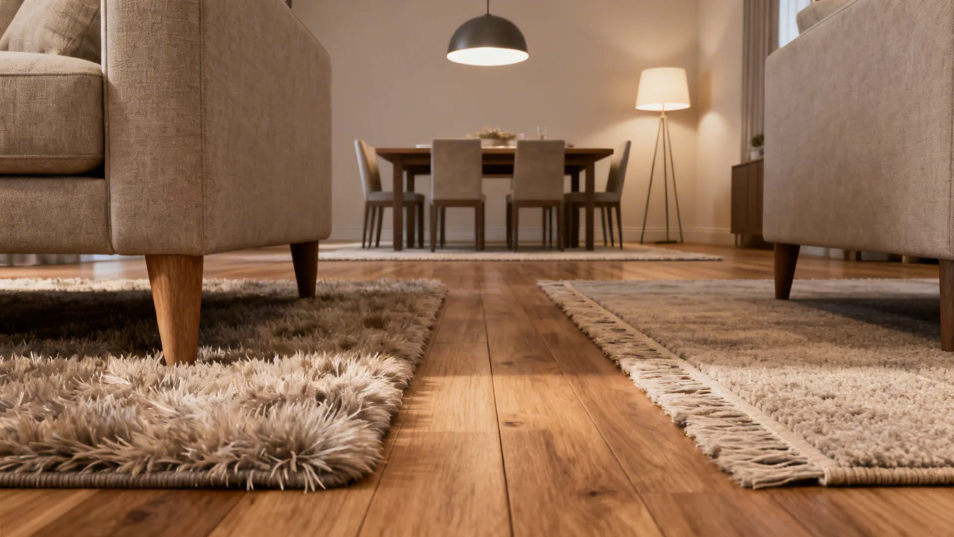 Two zones separated by rugs and layered lighting in an L-shaped room