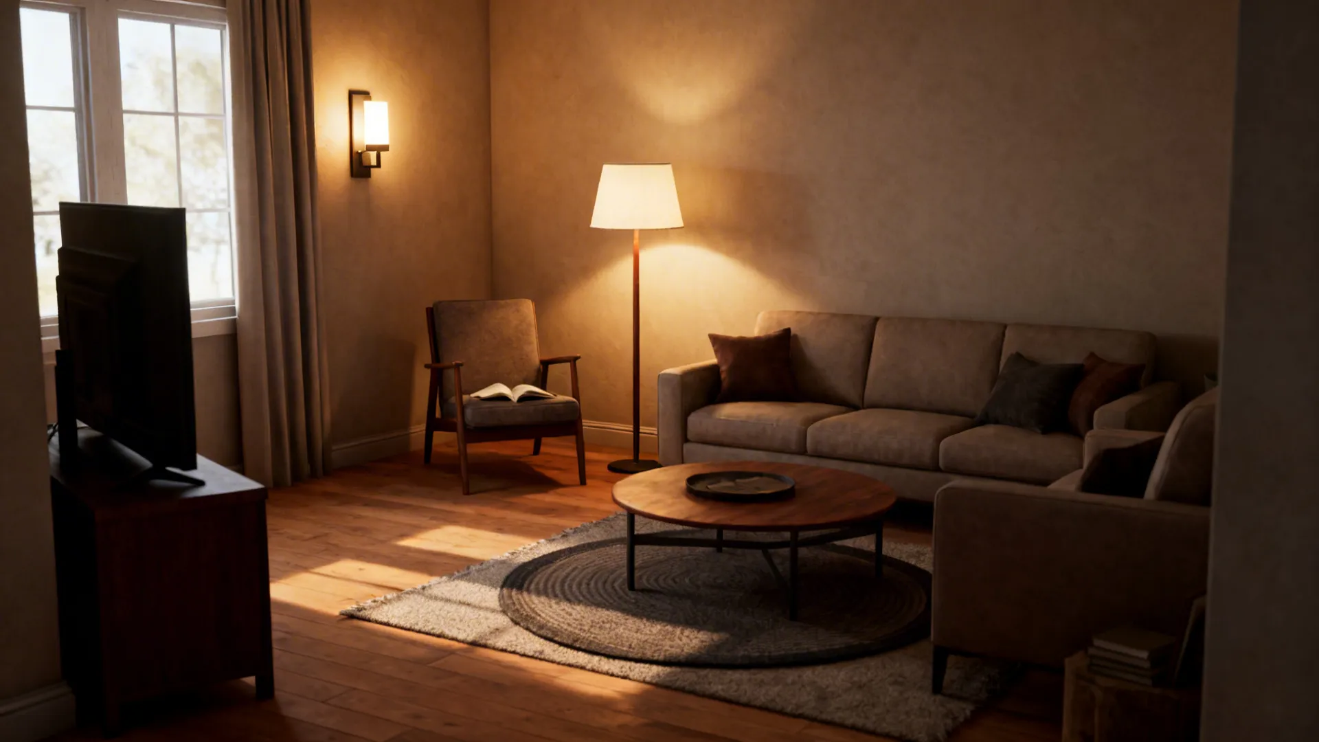 Small living room showing a small rug and layered lighting defining distinct zones and adding intimacy.