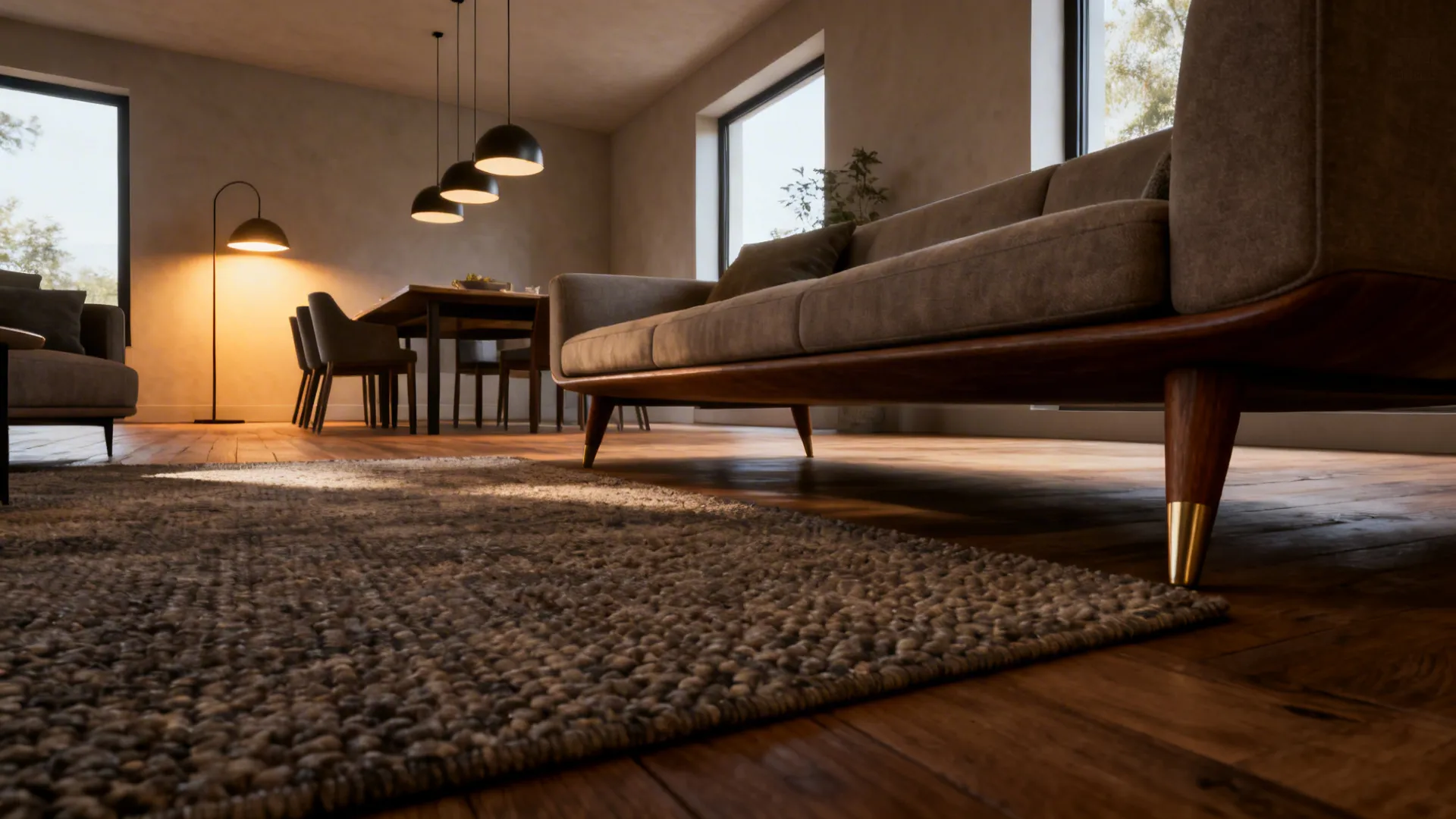 Living area anchored by a textured rug and layered lighting within an open concept space.