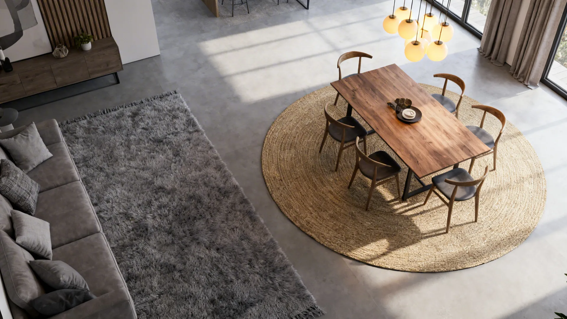 Studio layout using different rugs and pendant lighting to visually separate living and dining zones.