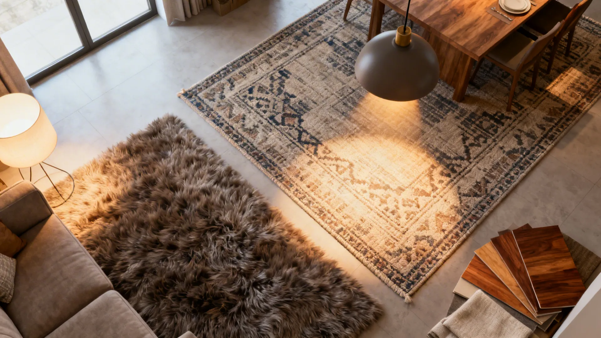 Top-down view of layered rugs and pendant lighting defining living and dining zones