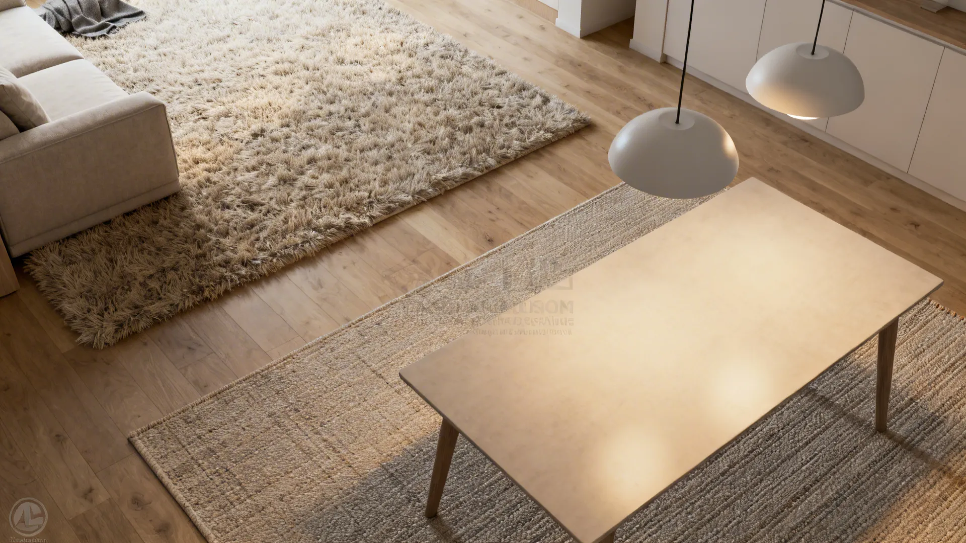 Two rugs and pendant lights clearly defining living and dining zones in a small open-plan room.