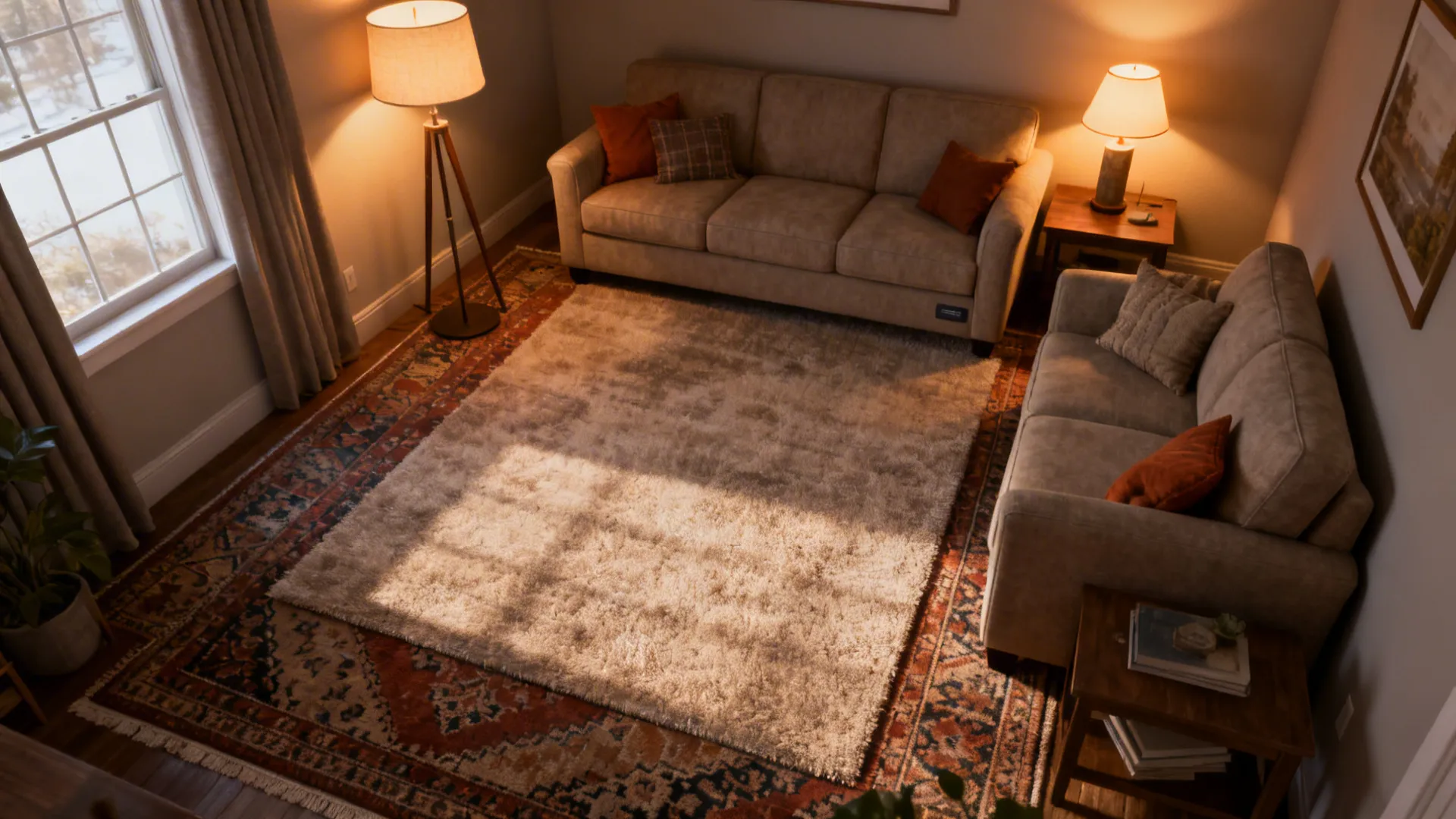 Small living room with area rug anchoring seating and layered lighting creating cozy zones