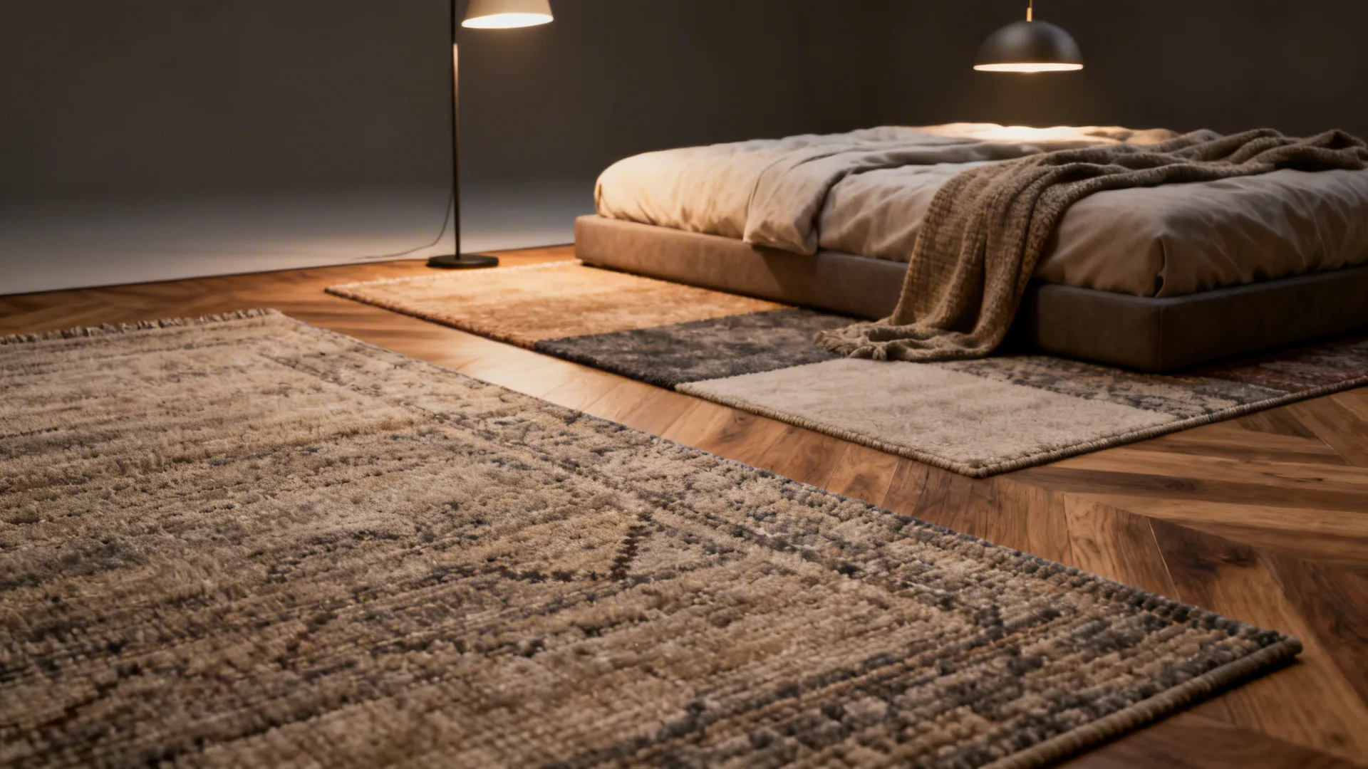 Textured rugs and layered lighting defining separate zones in a small studio