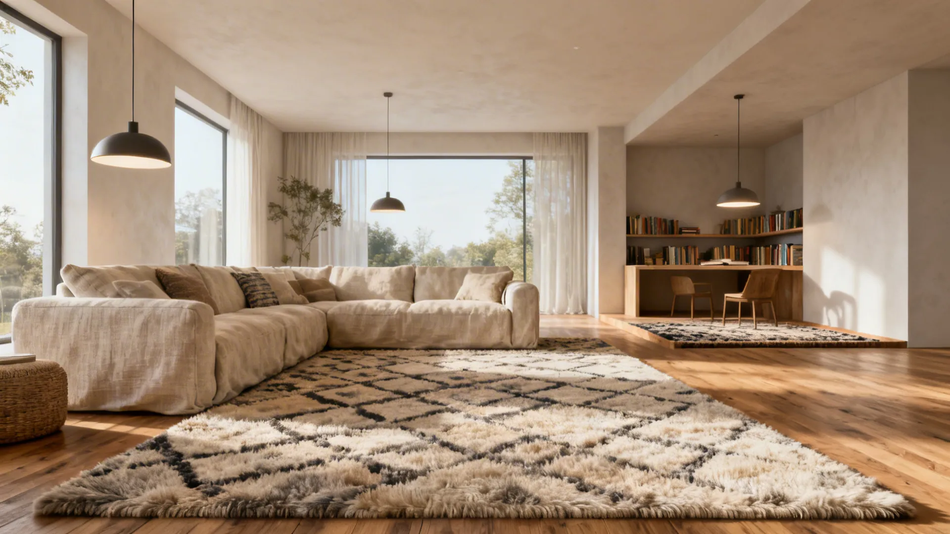 1. Define zones with rugs and lighting
