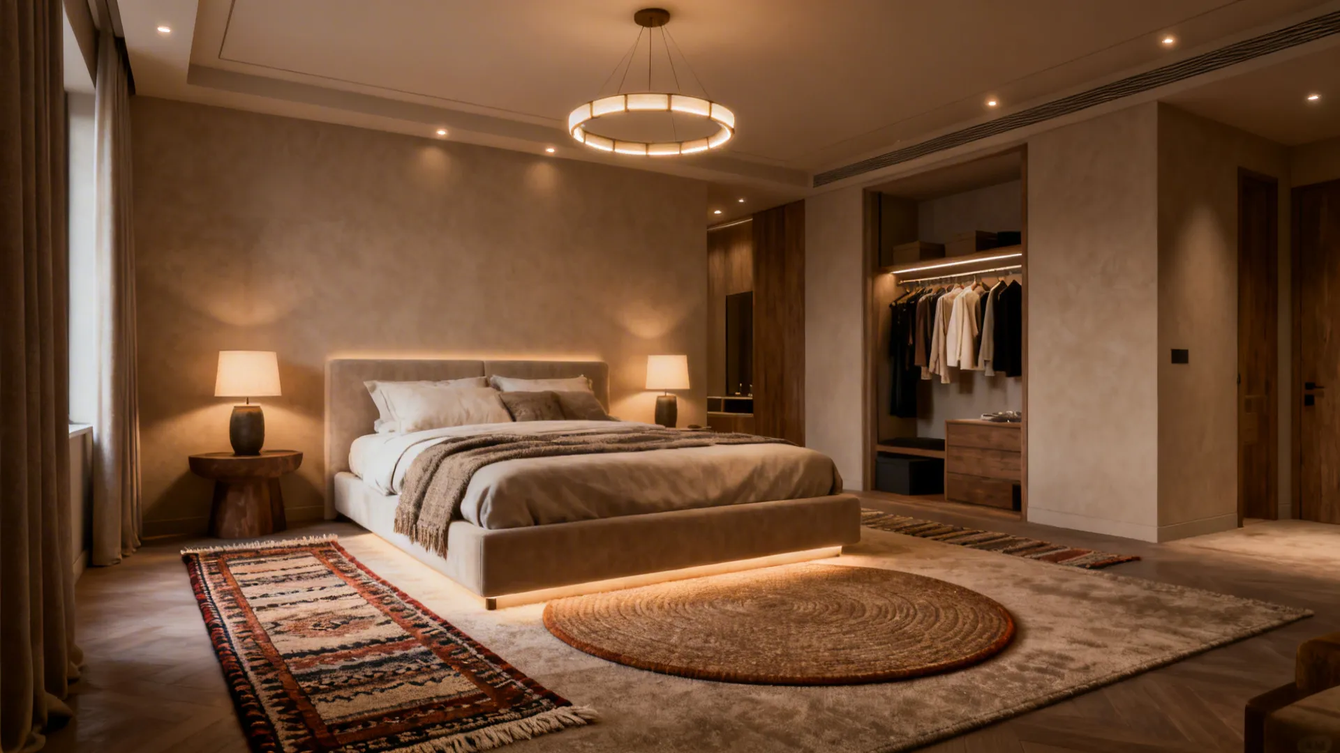Layered rugs and layered lighting creating distinct zones in a small bedroom with a king bed.