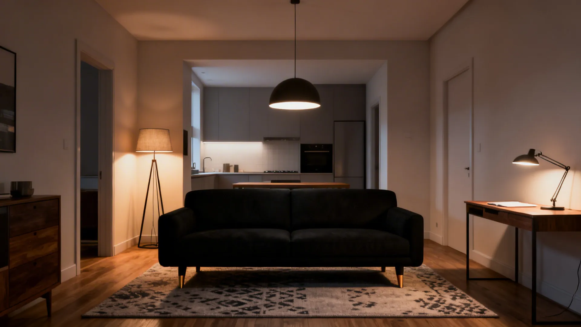 Open-plan small living area with a black sofa anchored on a rug and layered lighting defining the seating zone