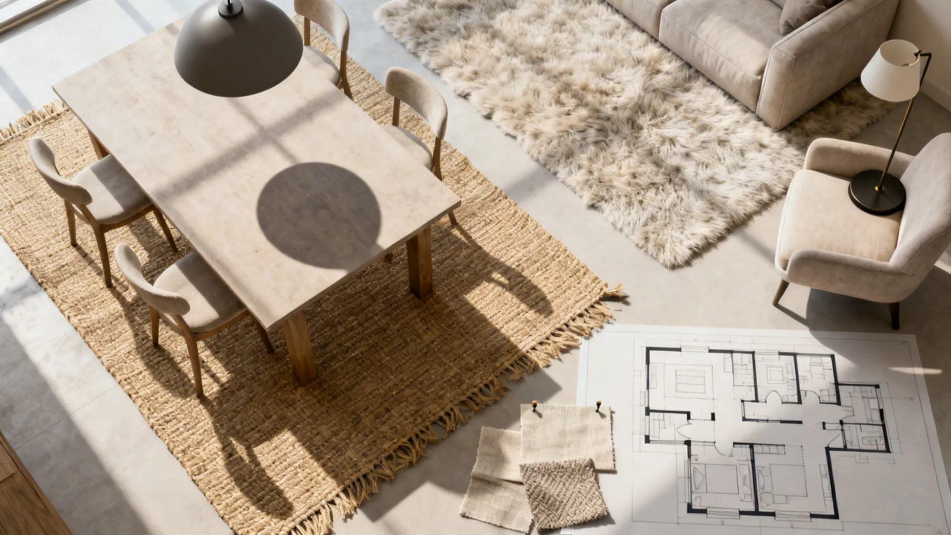 Top-down view of rugs and lighting creating distinct dining and lounge zones with fabric swatches.