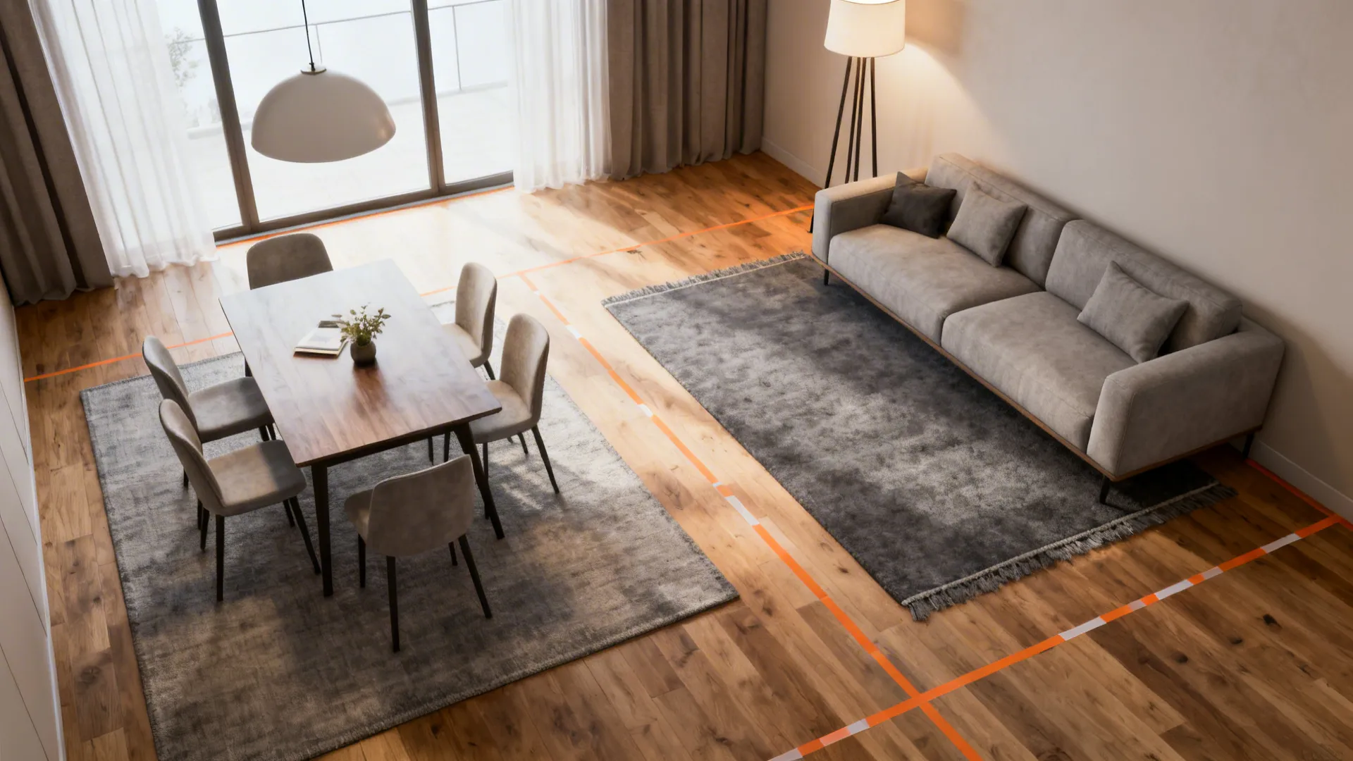 Modern living and dining room with sofa table chairs rugs and orange floor layout lines