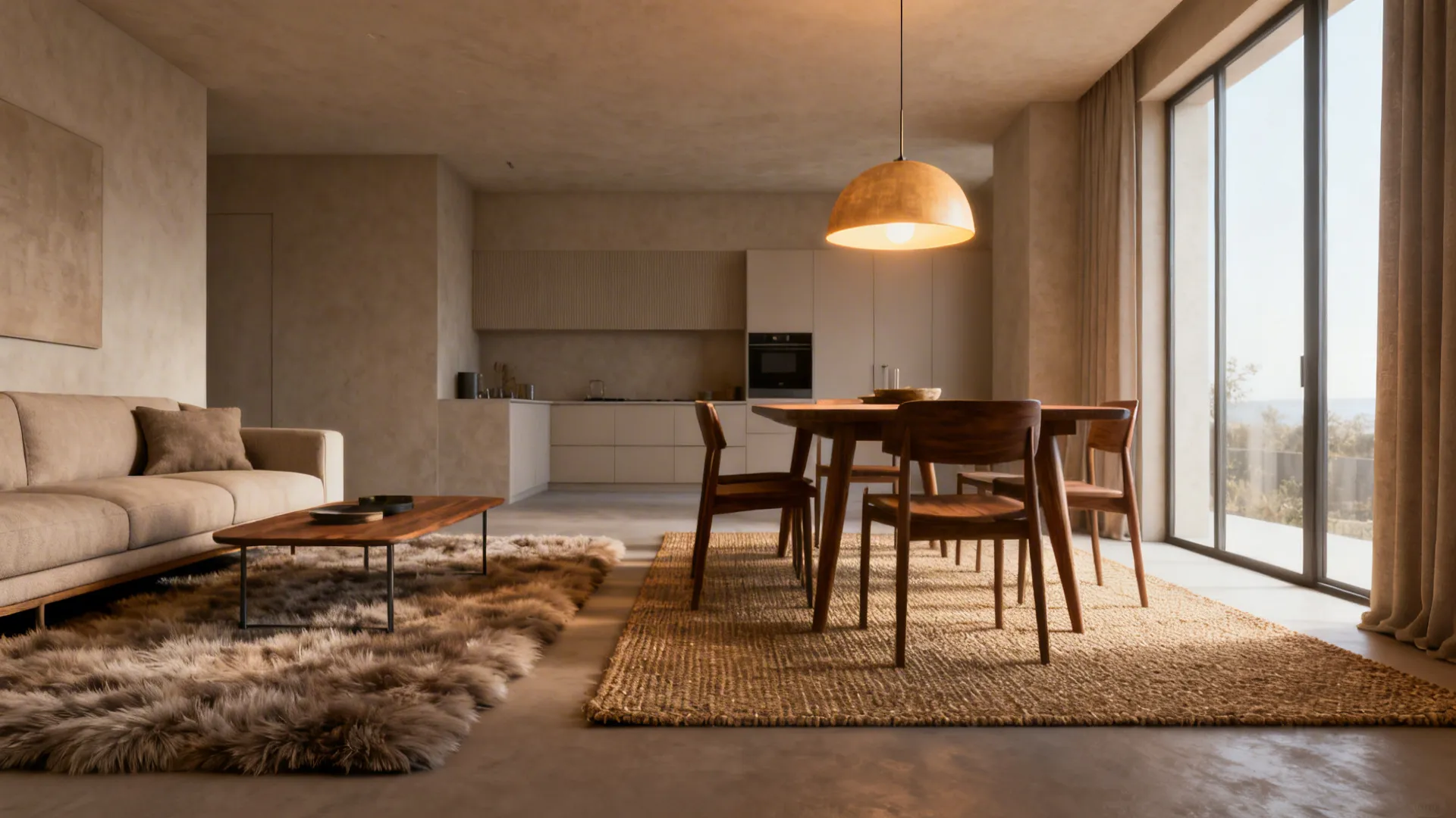 Living and dining zones defined by rugs and pendant lighting in a small apartment