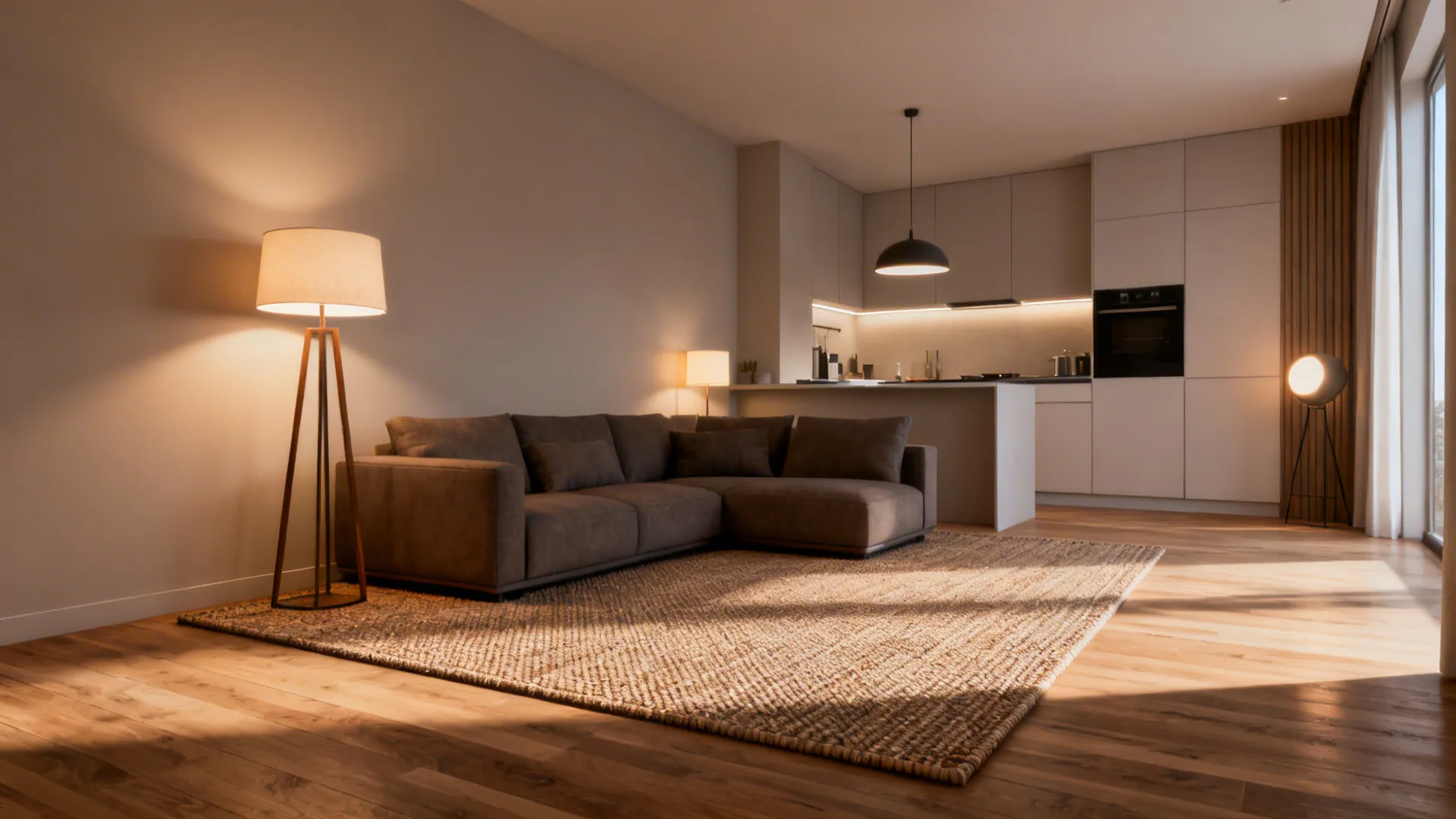 Studio space with a low-profile rug and layered lighting defining the living zone.