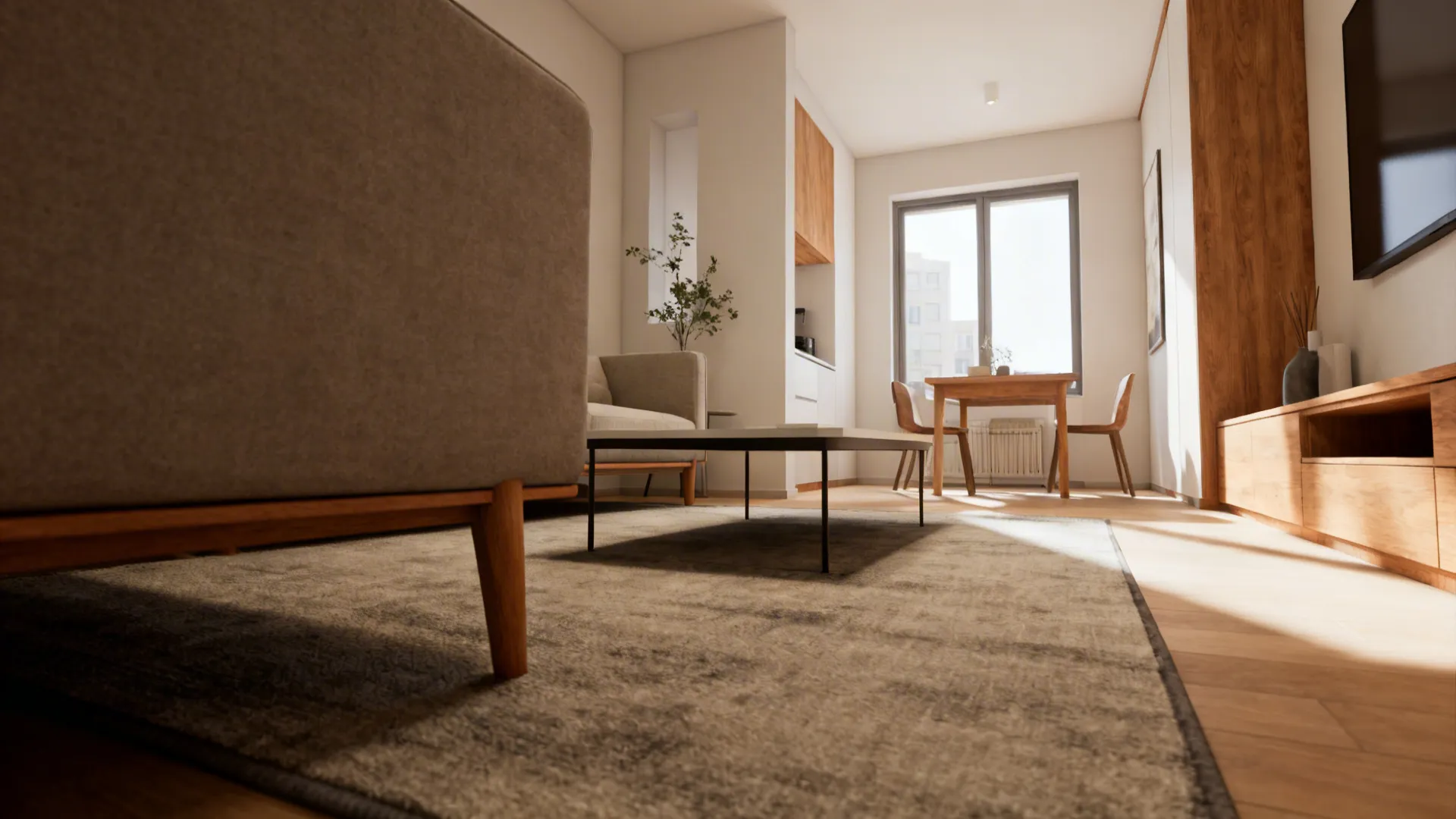 Minimalist living room showing grey sofa, coffee table, rug, dining set, and large window view