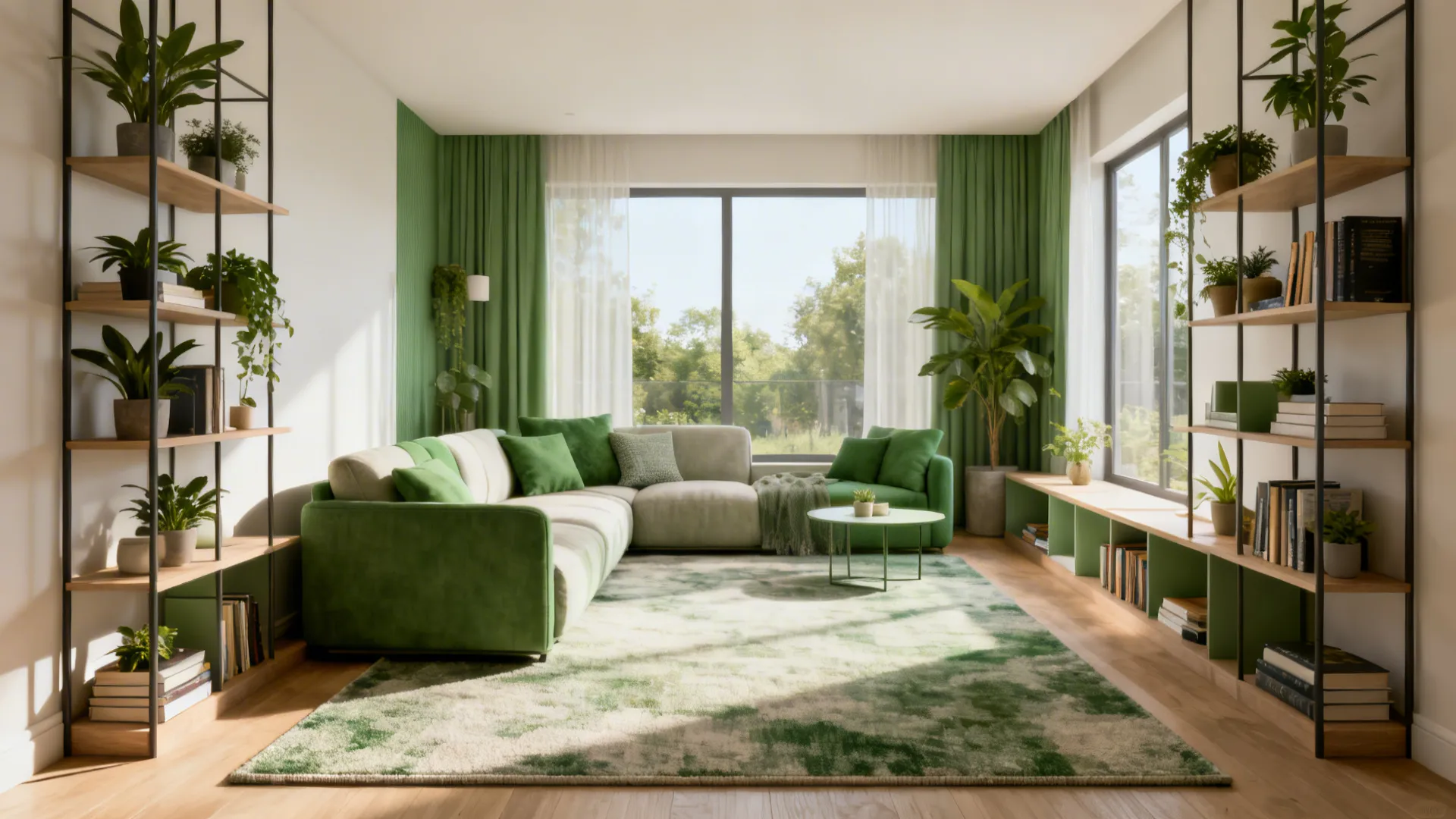 Small living room with zones defined by a rug and low open shelving keeping sightlines open
