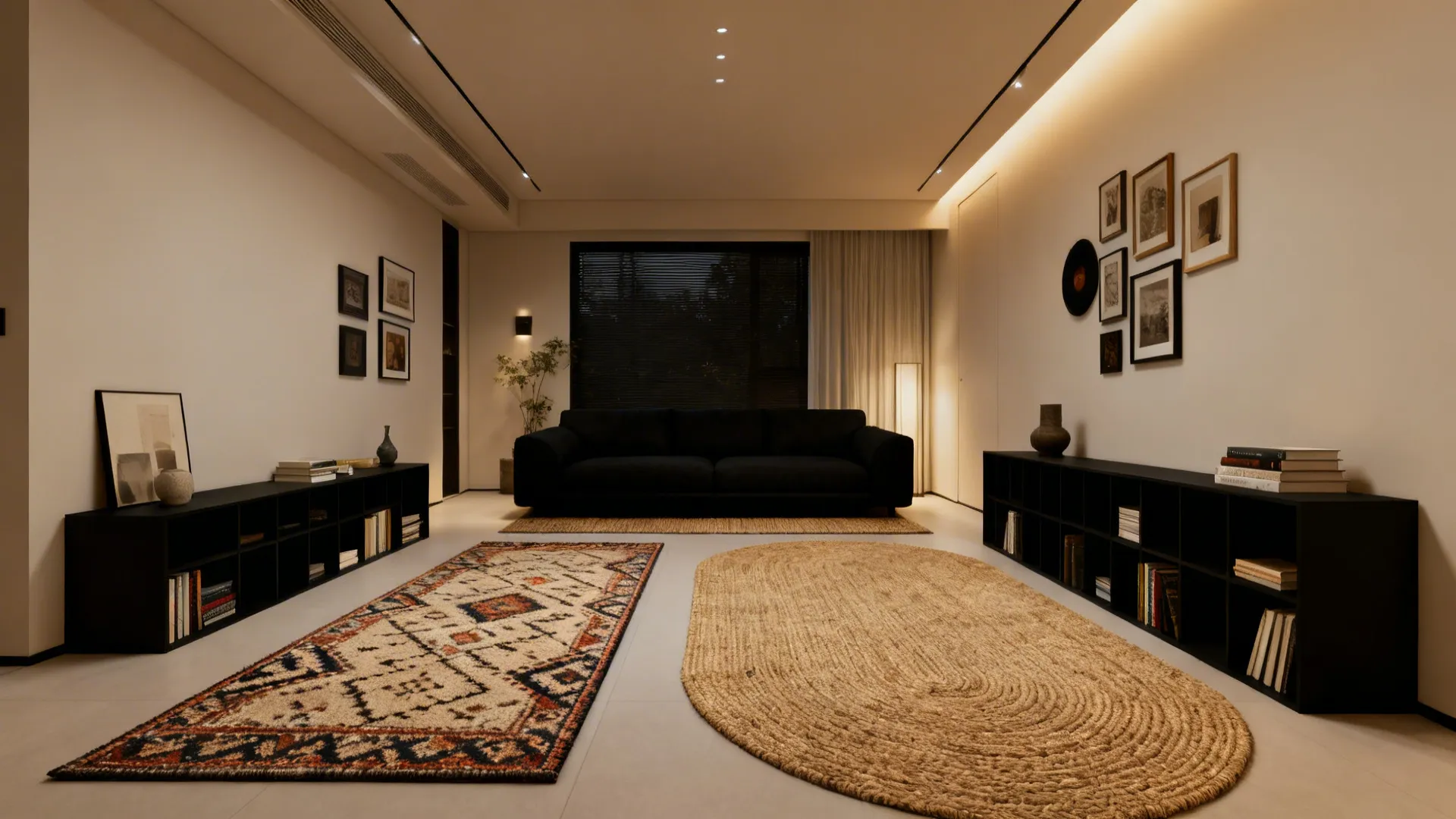 Narrow living room zoned with two rugs and low black storage balancing the black sofa.