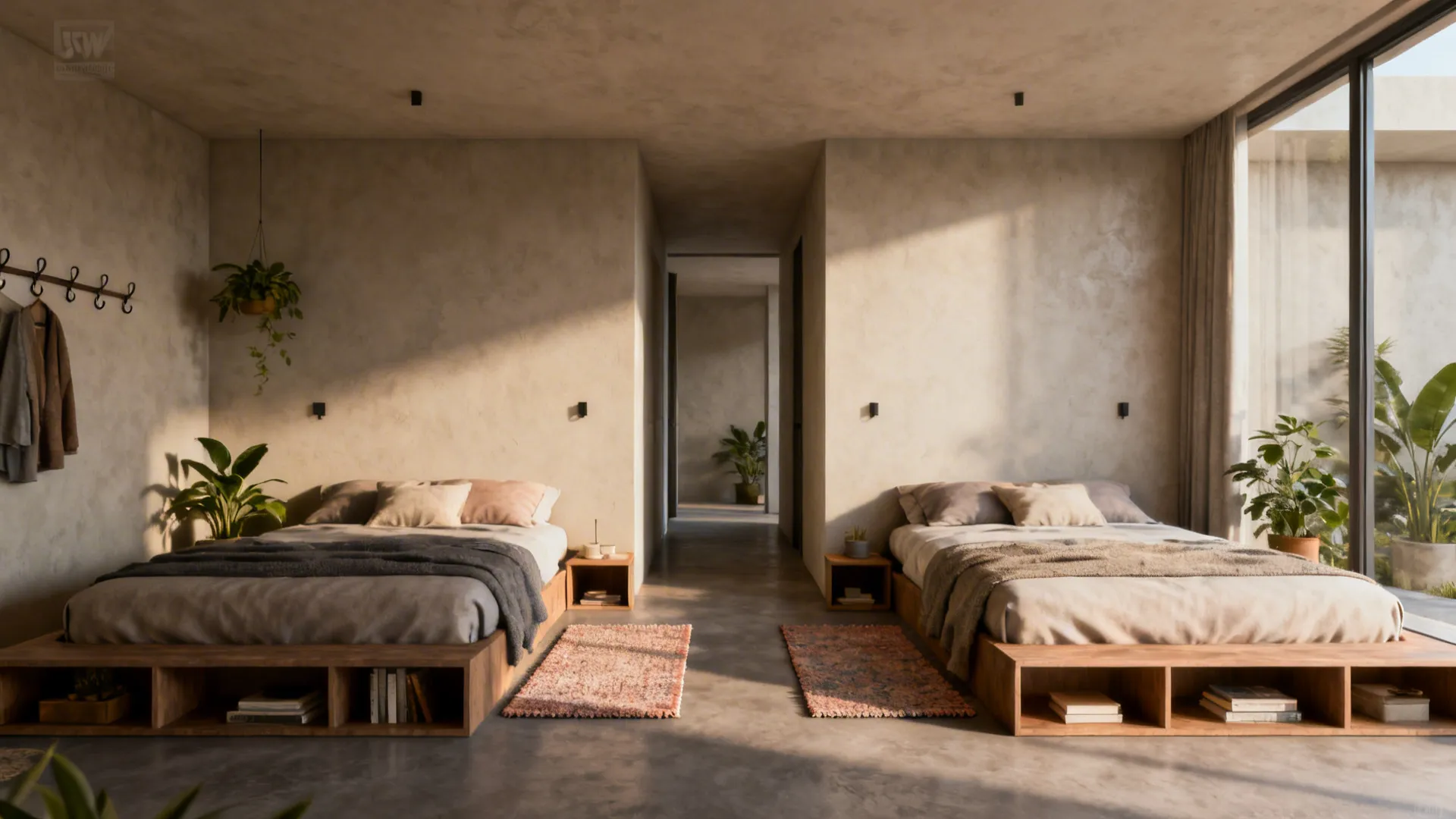 Two rugs and low shelving define separate zones at the foot of twin beds in a small room
